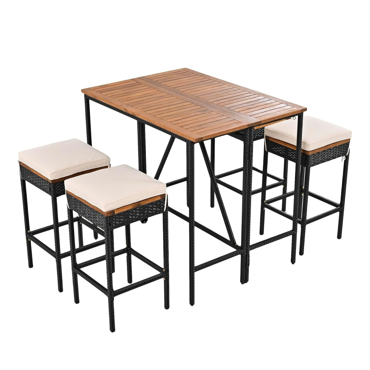 5-Piece Outdoor Rattan Wicker Bar Set with Wooden Top Table