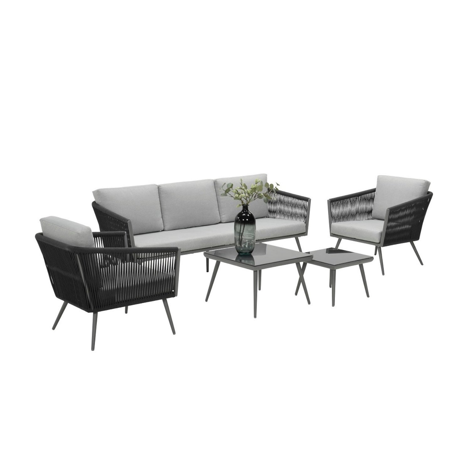 5-Seater Outdoor Rope Patio Sofa Set with Glass Top Tables (Black & Grey)