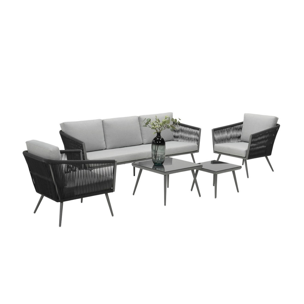5-Seater Outdoor Rope Patio Sofa Set with Glass Top Tables (Black & Grey)