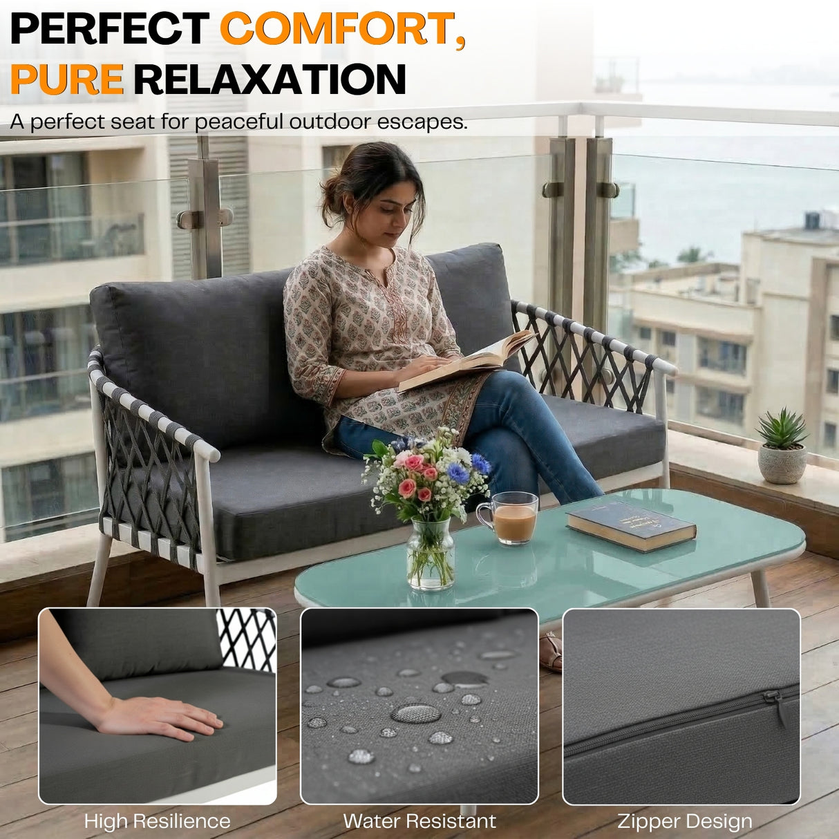 4-Piece Outdoor Rope Sofa Set With Glass Top Table (Grey)