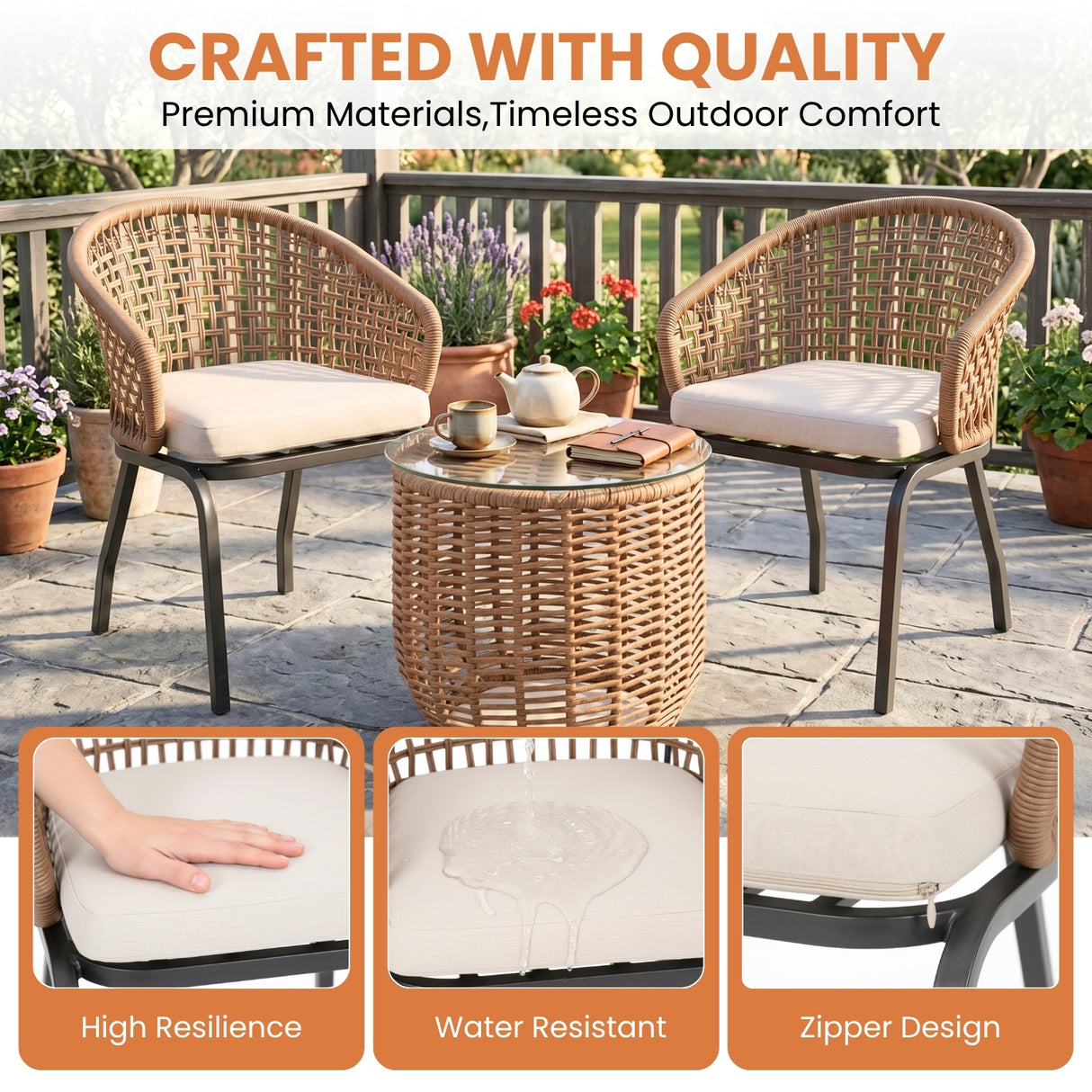 3 Piece Garden Outdoor Rope Patio Set