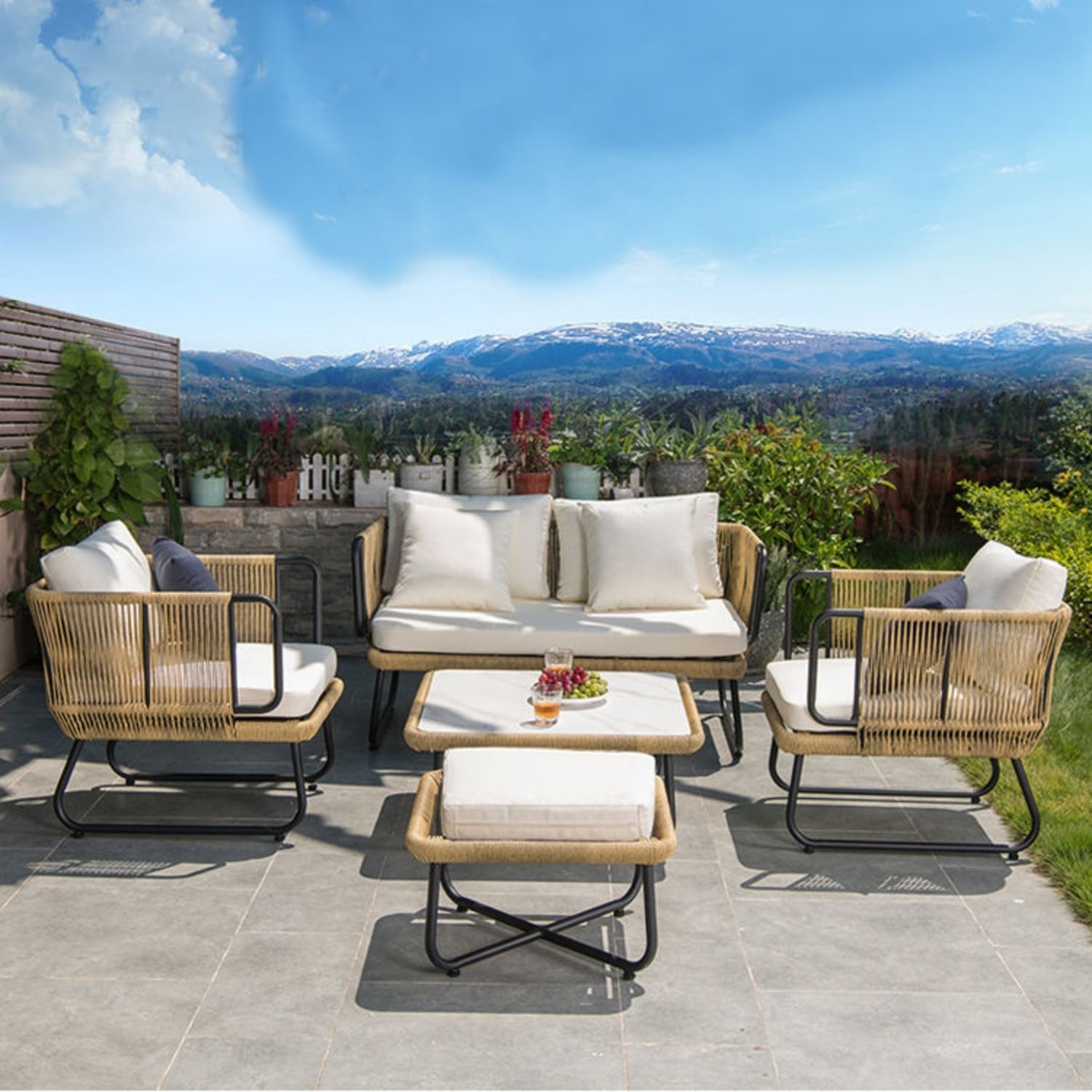 Outdoor 5pcs All-Weather Rope Sofa Set with Cushions (Beige & White)