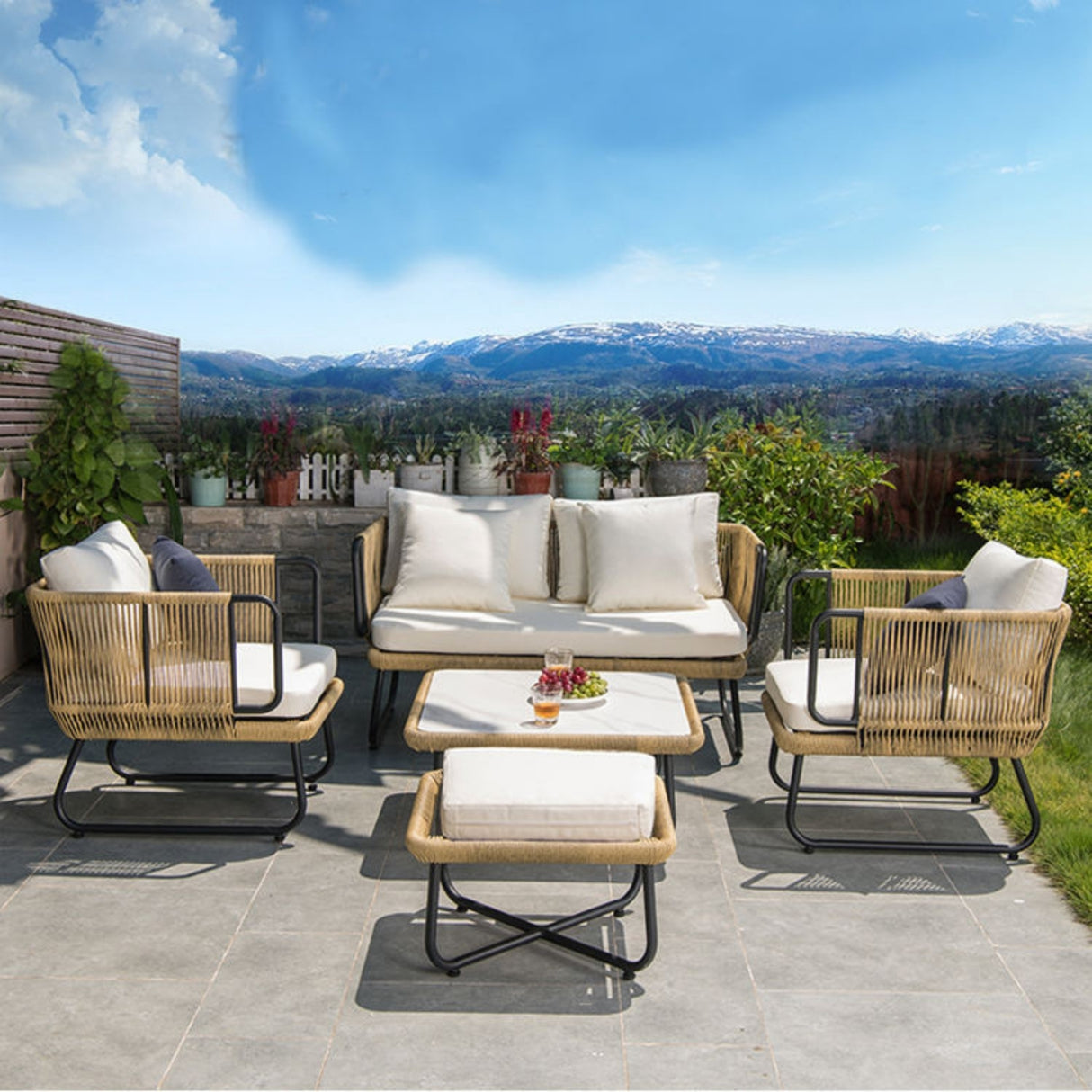 Outdoor 5pcs All-Weather Rope Sofa Set with Cushions (Beige & White)