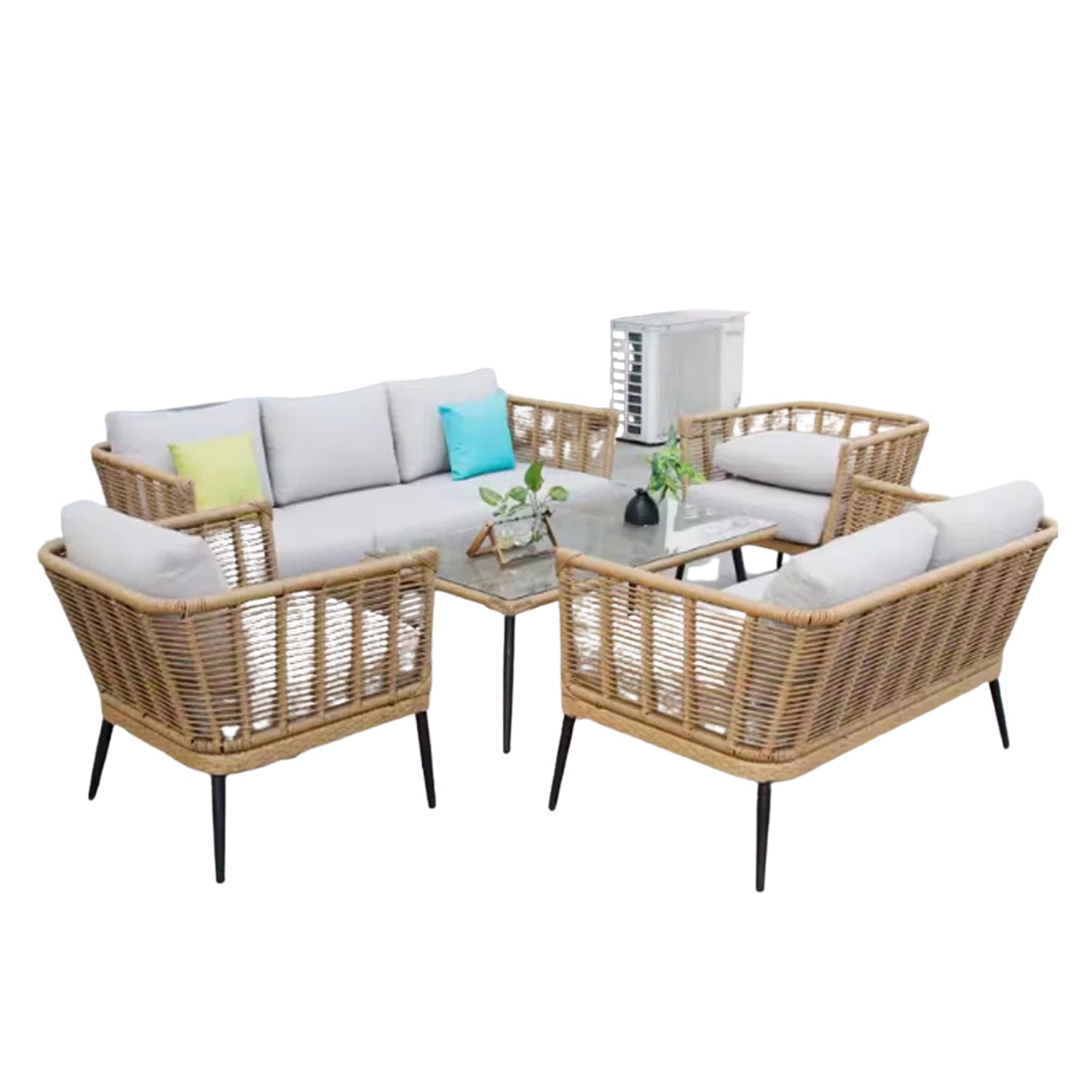 Outdoor Beige Rope 7-Seater Sofa Set With Glass Top Table