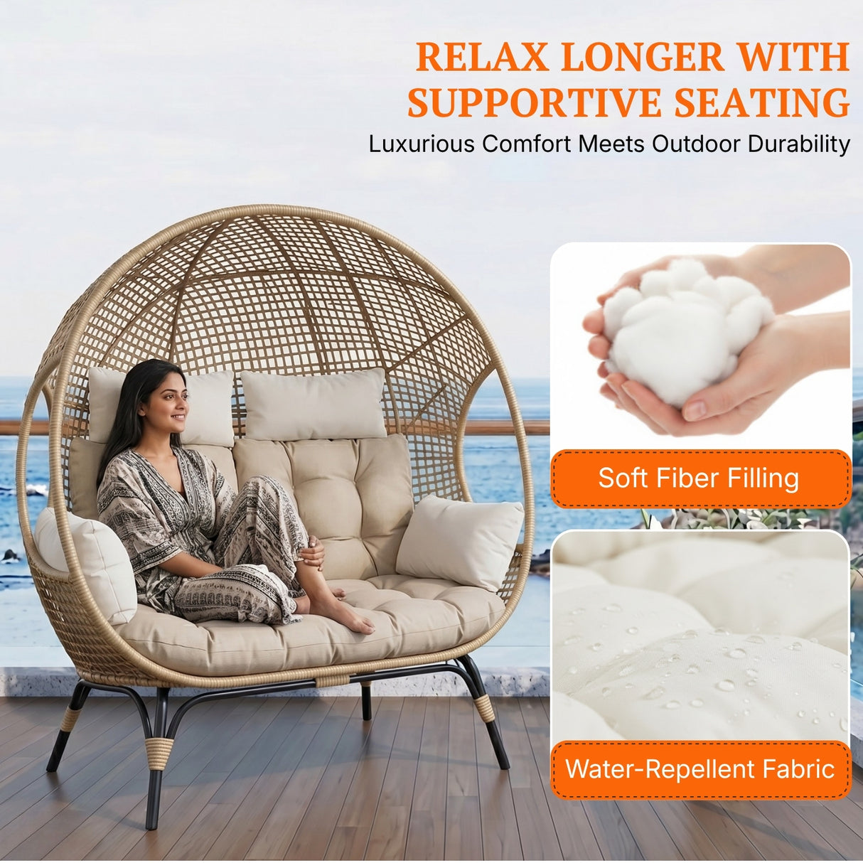 Outdoor Rattan Wicker Double Seater Egg Chair (Beige & Cream)