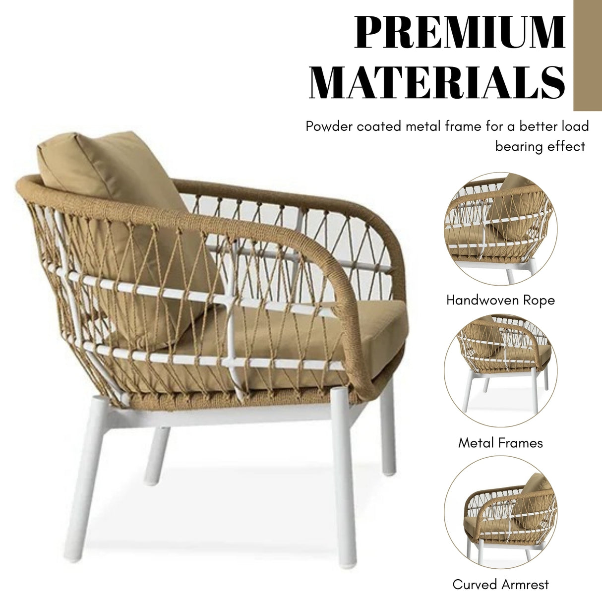 Outdoor Rope 3-Piece Patio Set (Beige & Dark Cream)