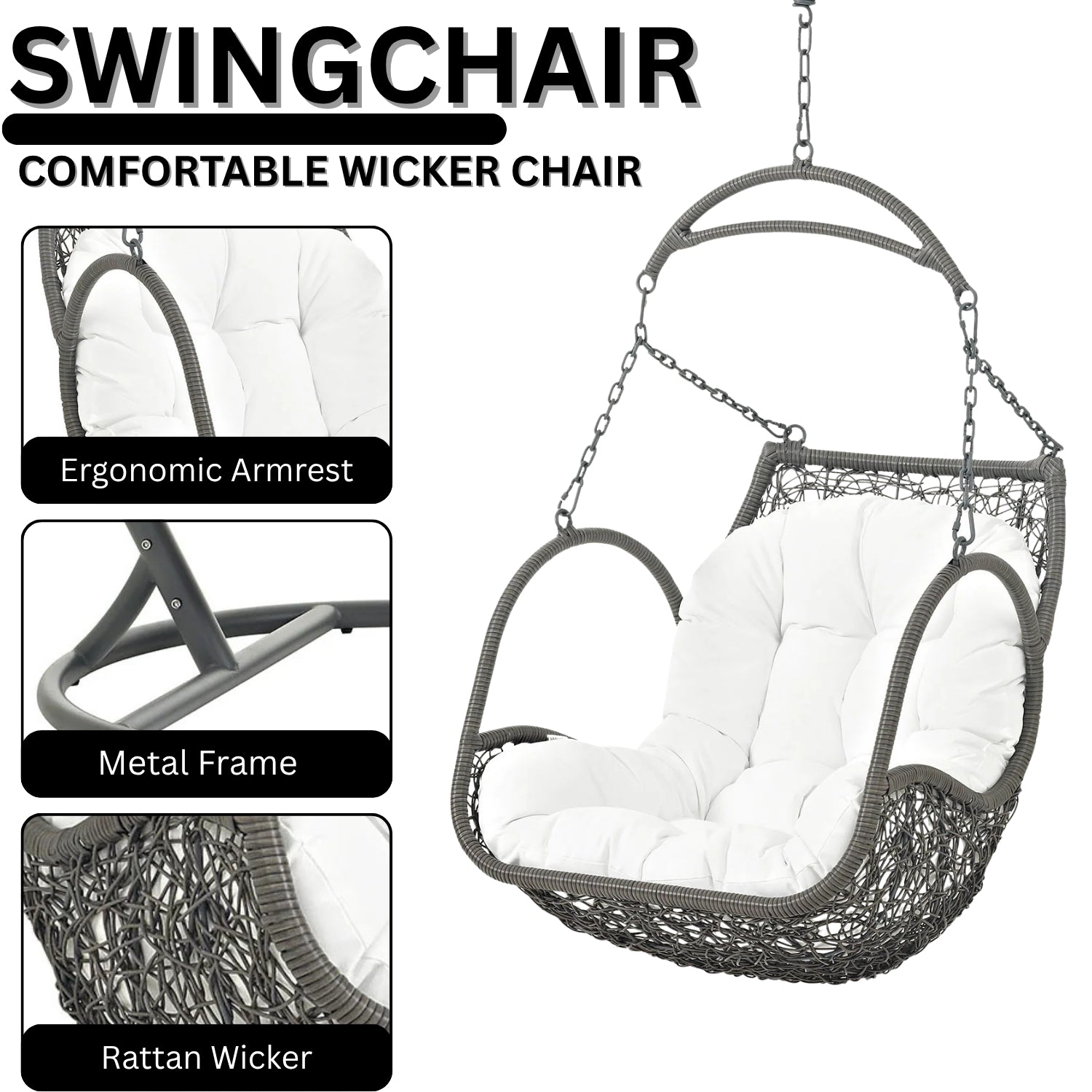 Outdoor Rattan Wicker Hanging Swing Chair with Cushion