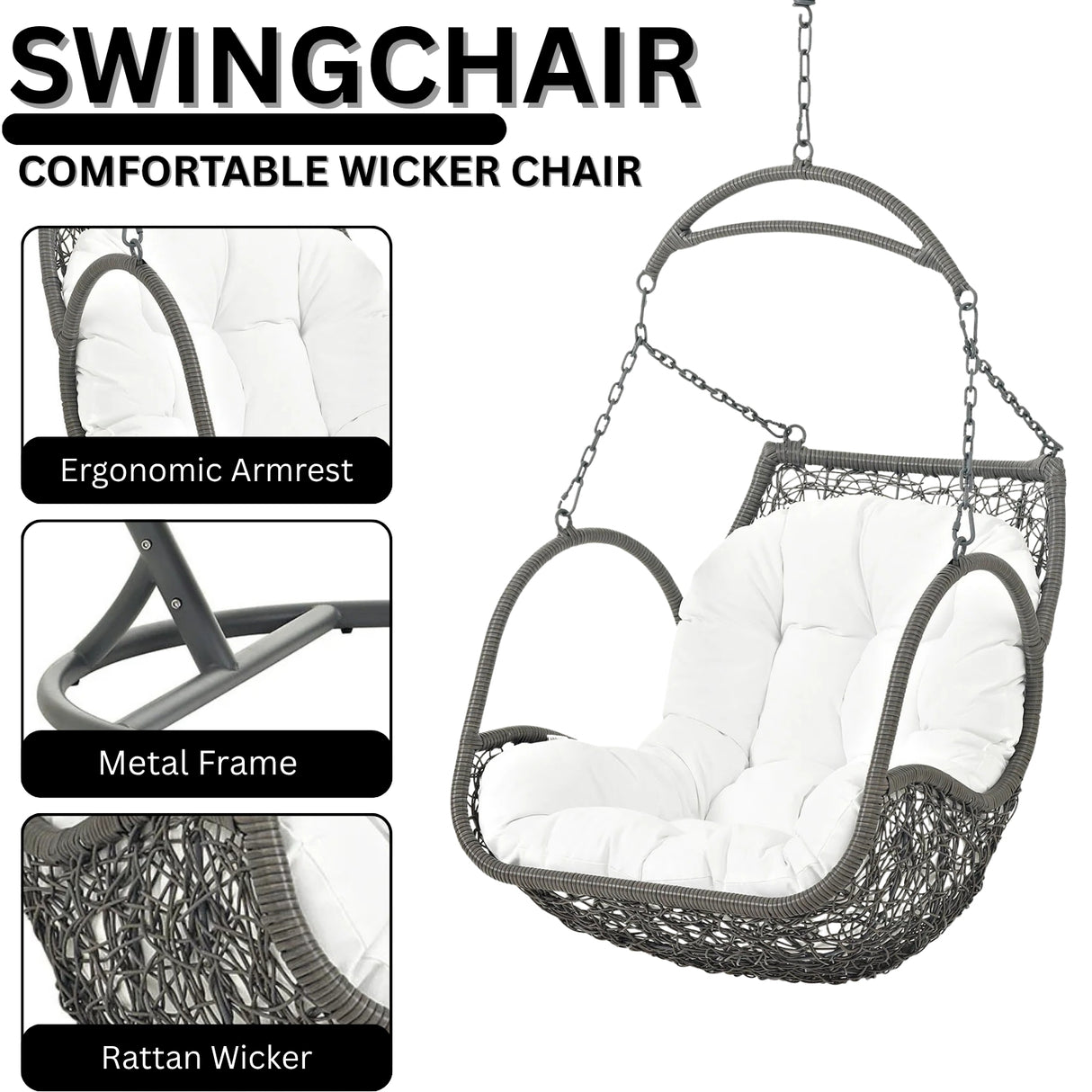 Outdoor Rattan Wicker Hanging Swing Chair with Cushion