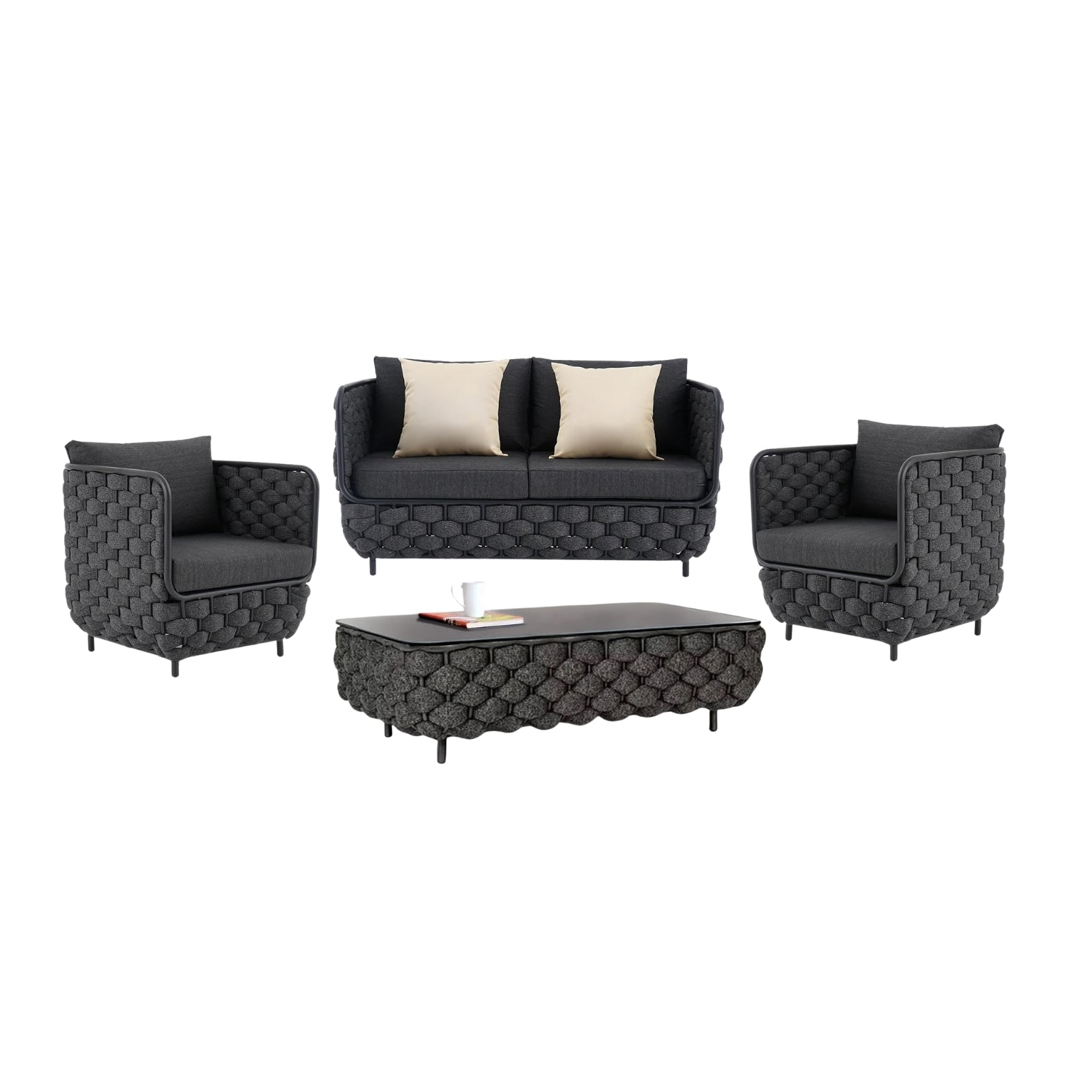 4 Piece Outdoor Rope Sofa Set with Glass Top Coffee Table (Black)