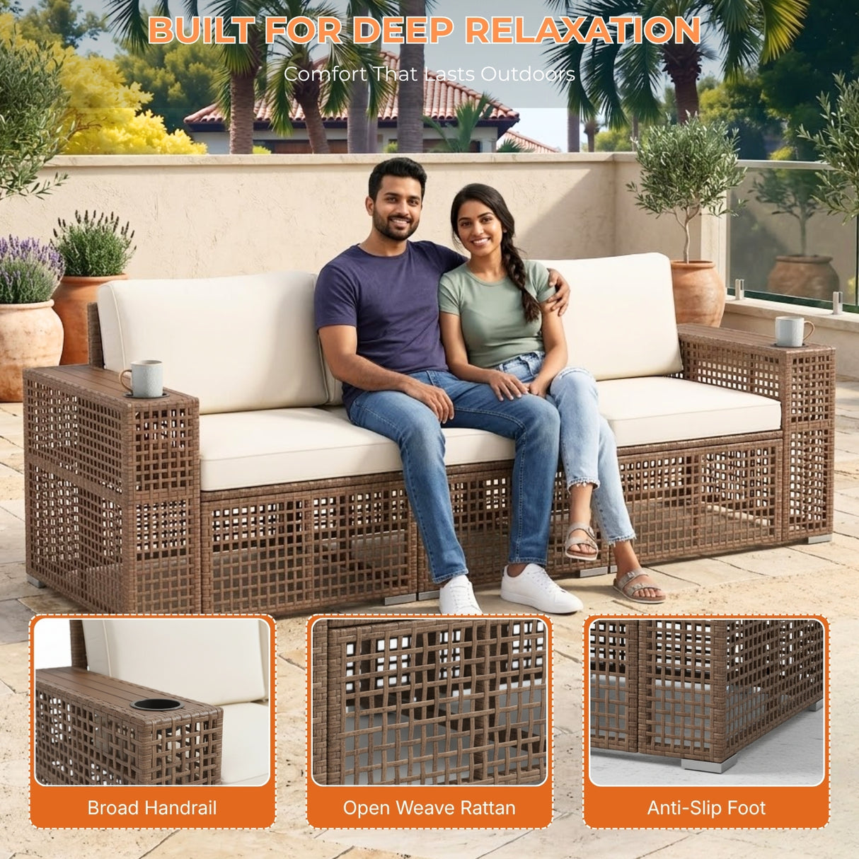 Outdoor Rattan Wicker Patio Conversation Furniture Set (Dark Brown & Cream)