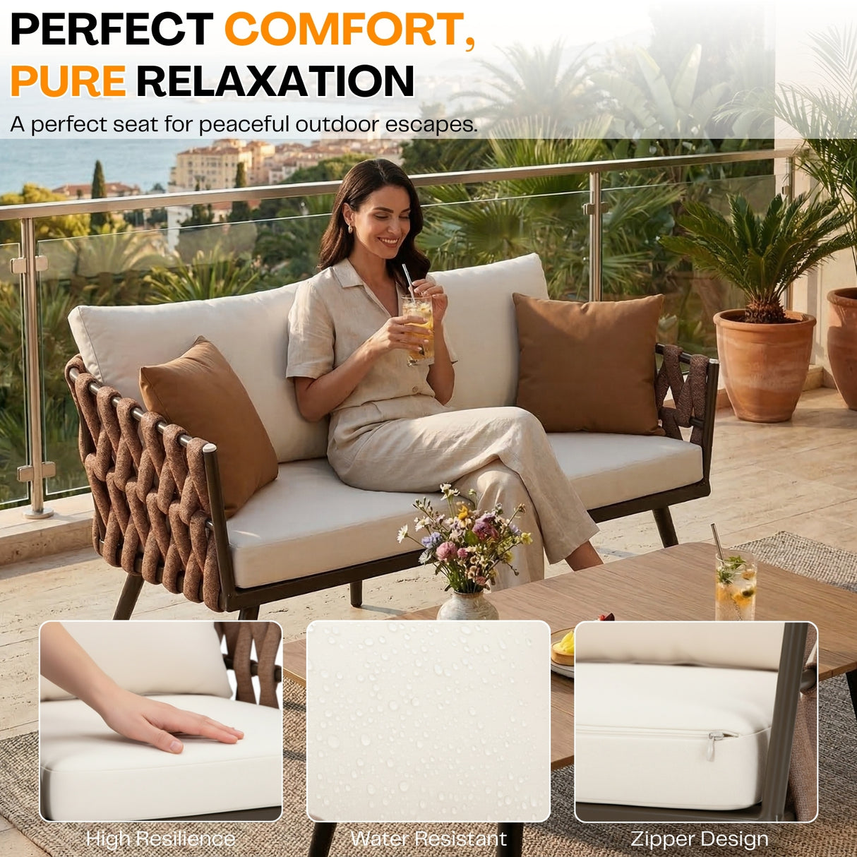 4-Piece Outdoor Rope Sofa Set With Glass Top Table (Brown & Off-White)
