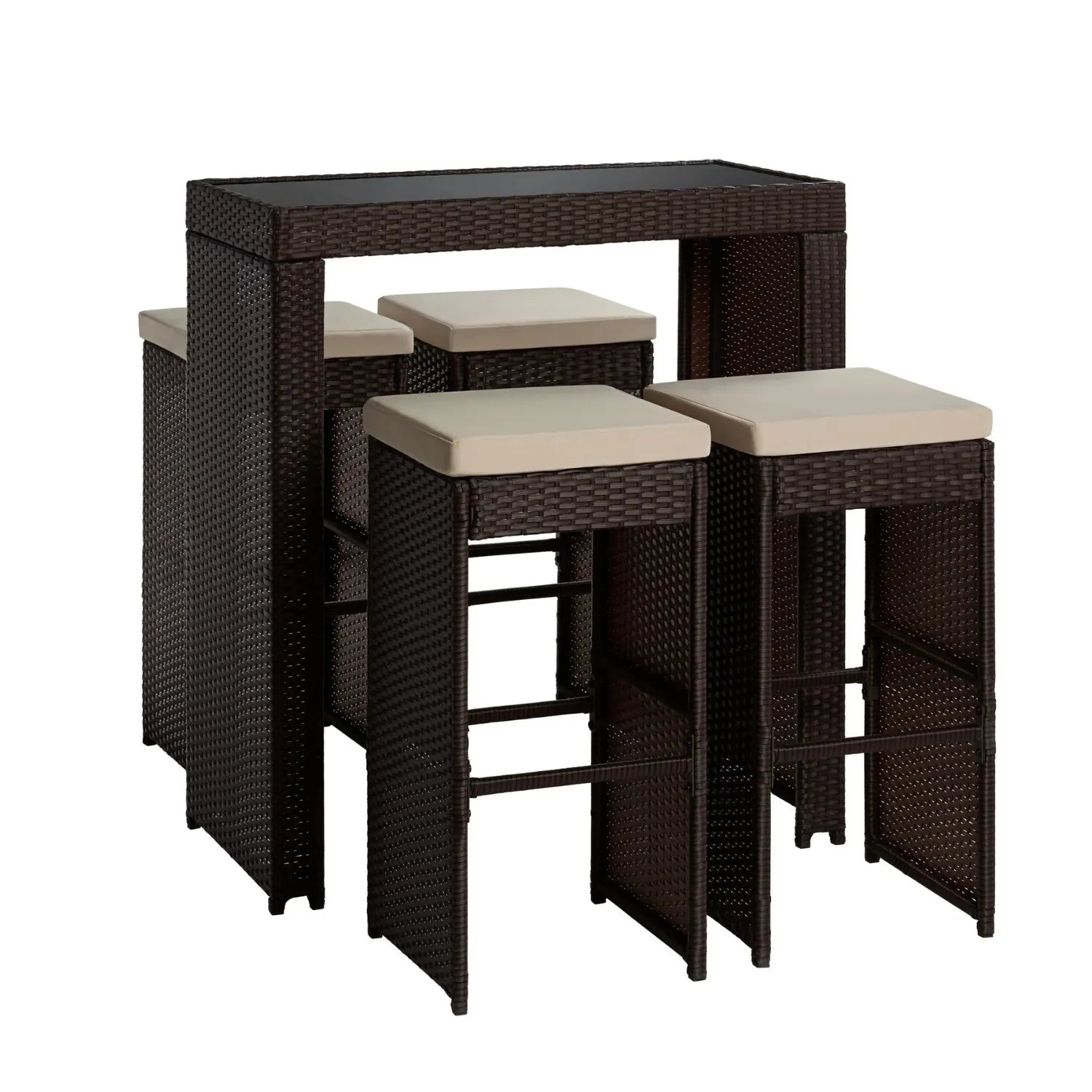 5-Piece Outdoor Rattan Wicker Bar Set with Glass Top Table