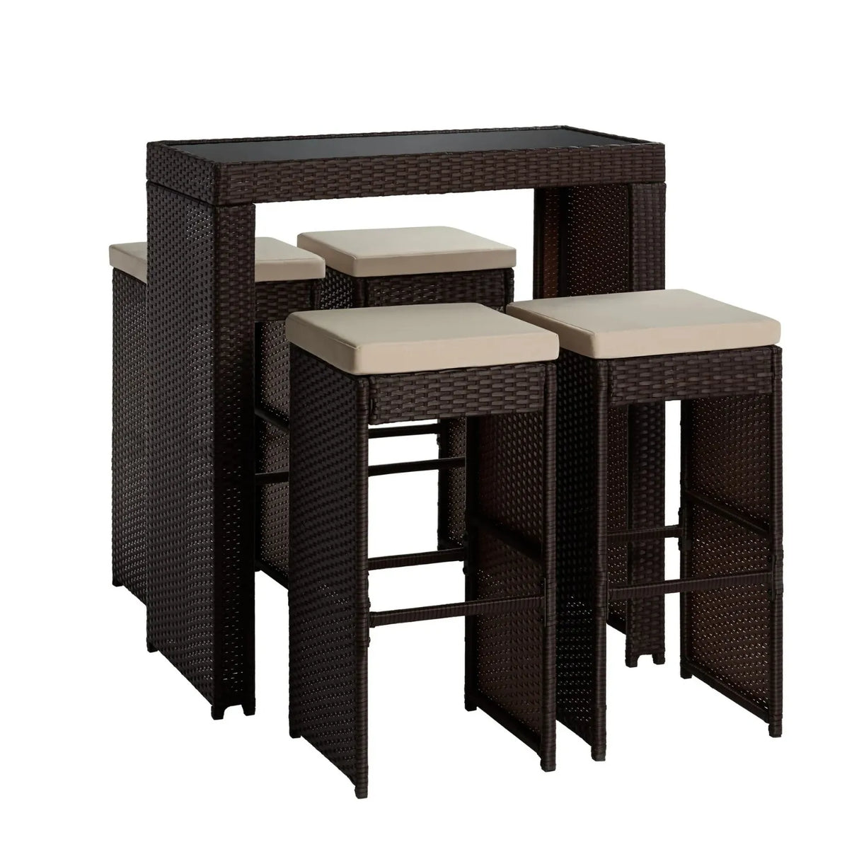 5-Piece Outdoor Rattan Wicker Bar Set with Glass Top Table