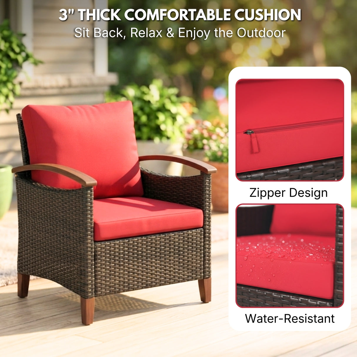 3-Piece Outdoor Wicker Patio Conversation Set (Dark Brown & Red)
