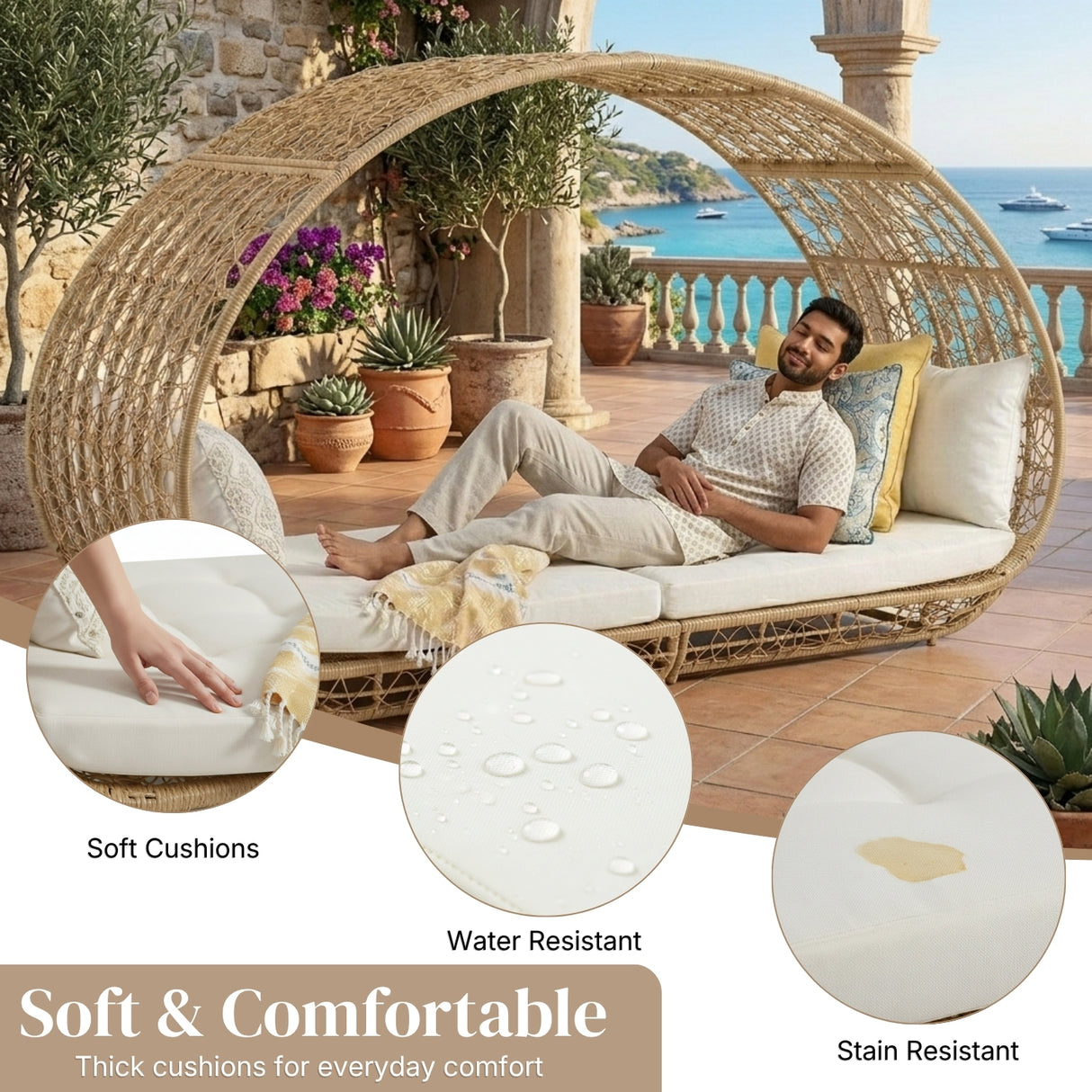Outdoor Rattan Wicker Daybed with Oval-Shaped Canopy Frame (Beige & Off-White)
