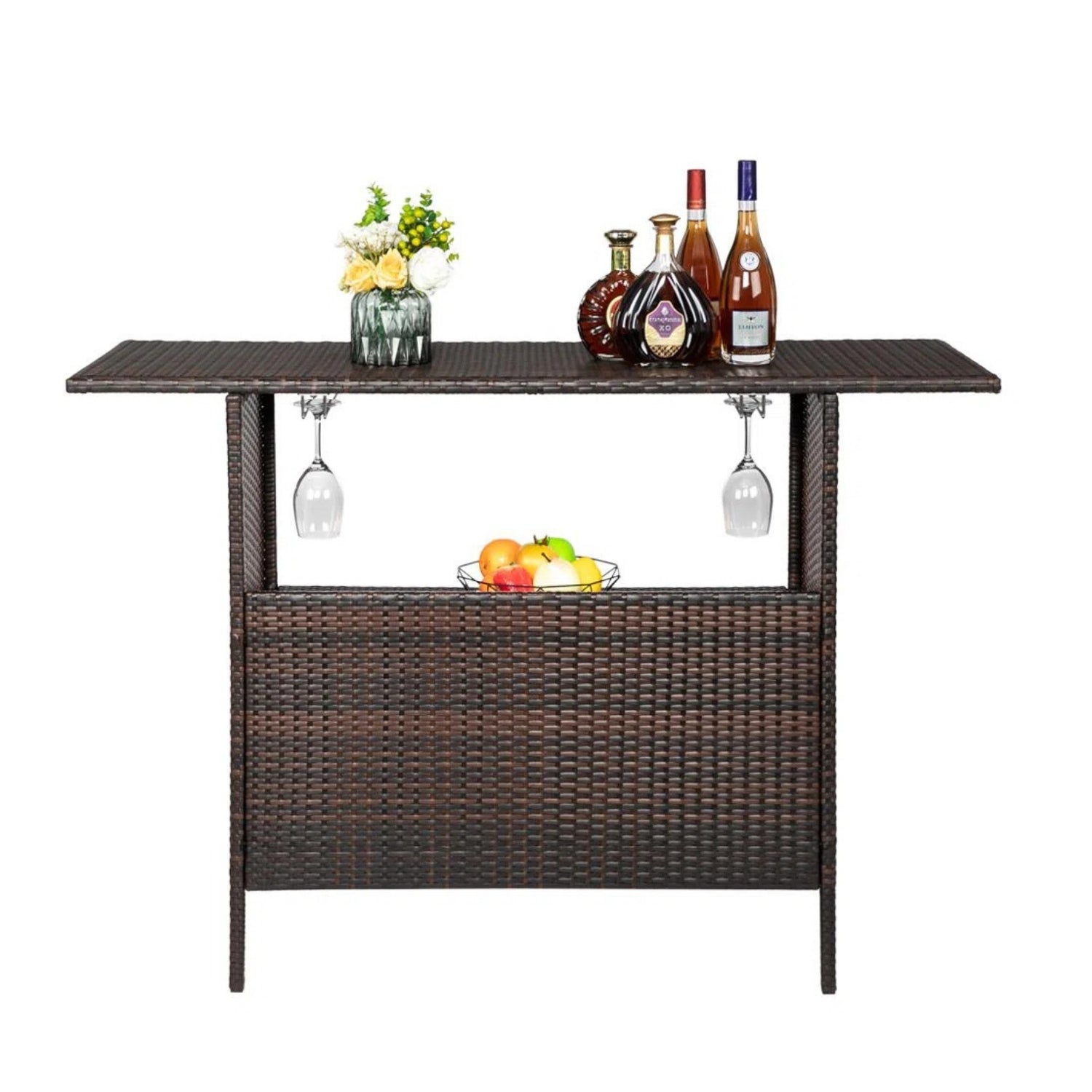 Outdoor Rattan Wicker Bar Table With Storage Selves