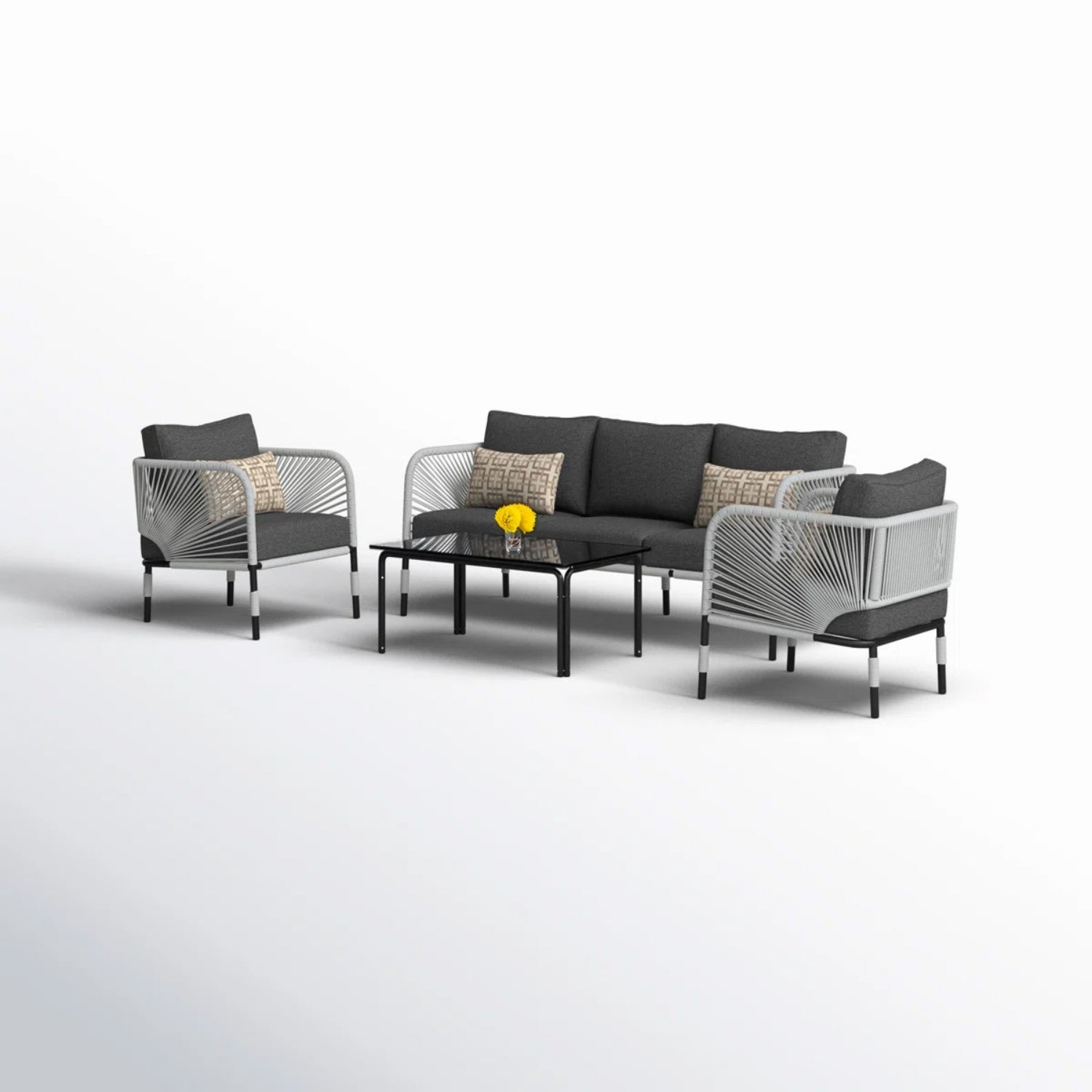 Outdoor Rope 5-Seater Sofa Set With Glass Top Table