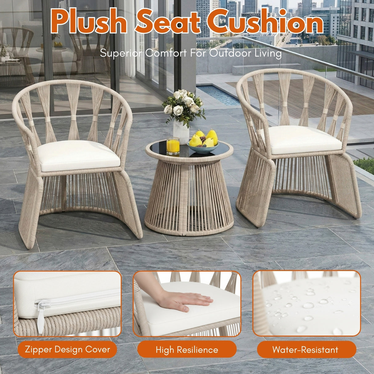 Outdoor Rope 3-Piece Patio Set (Beige & Off-White)