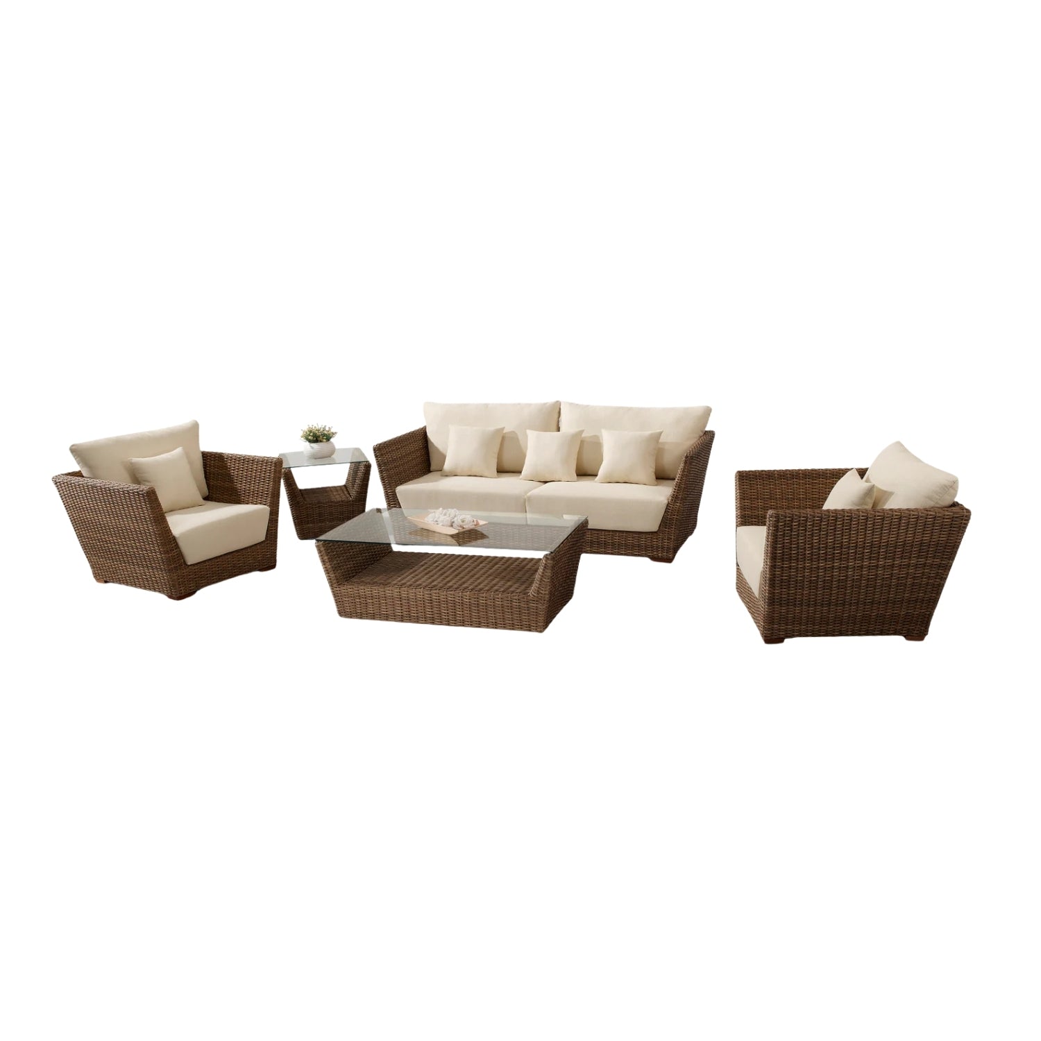 5-Piece Outdoor Wicker Sofa Set With 2-Tier Glass Top Tables