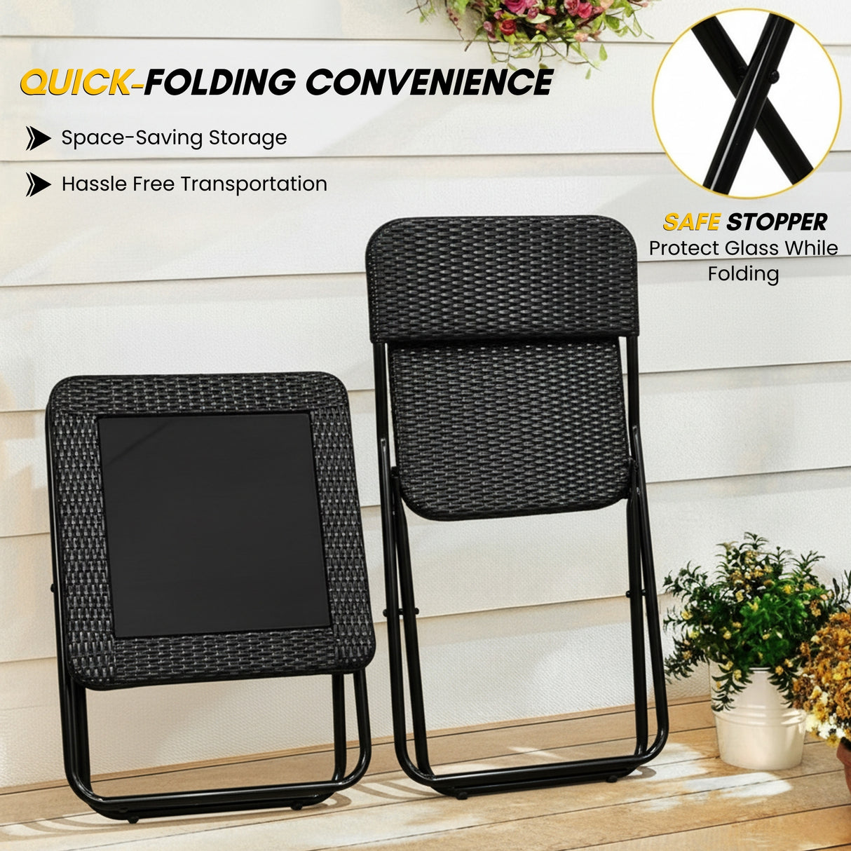 3-Piece Outdoor Wicker Folding Patio Set (Black)
