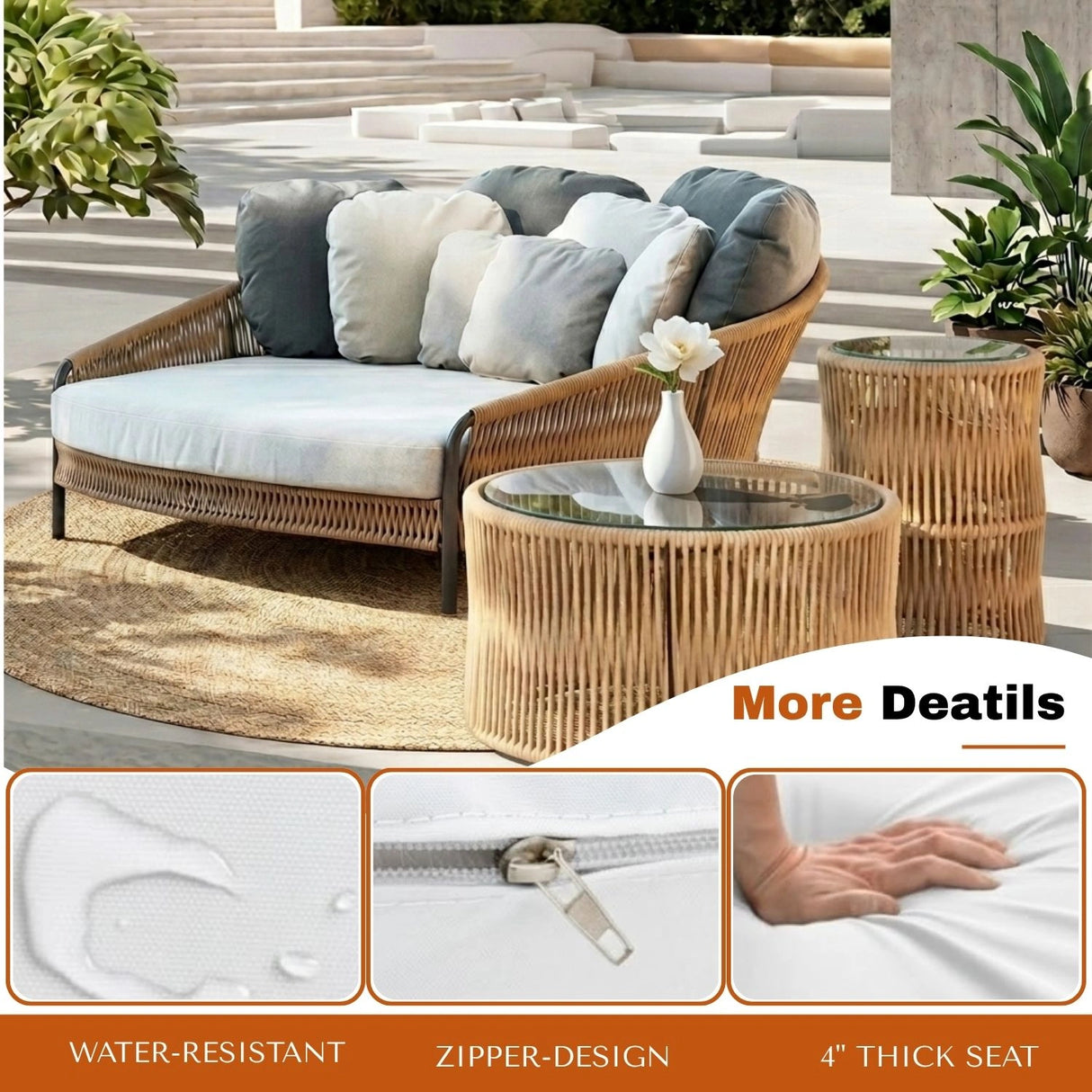 Outdoor Patio Rope Daybed With Center and Side Tables