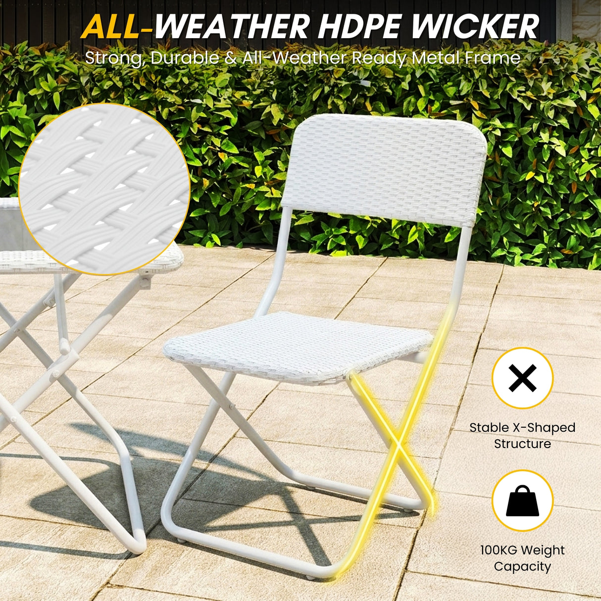 3-Piece Outdoor Wicker Folding Patio Set (White)