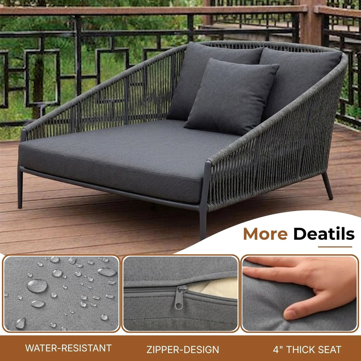 Outdoor Grey Rope Patio Daybed with Comfortable Dark Grey Cushion