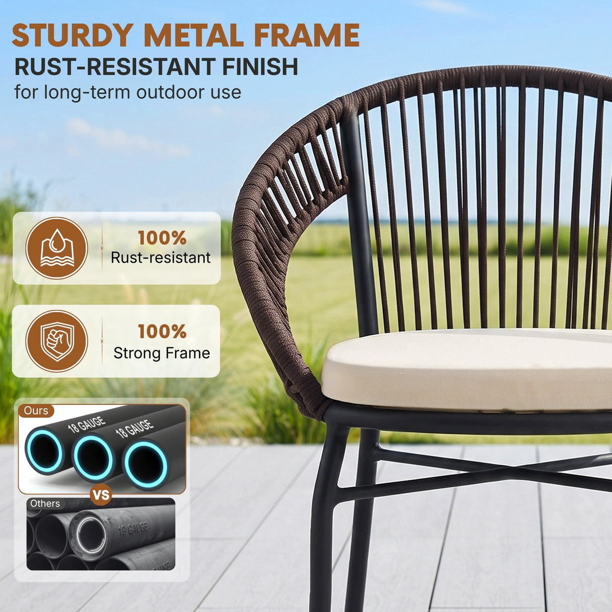 Outdoor Rope 3 Piece Patio Bistro Set (Dark Brown & Cream)