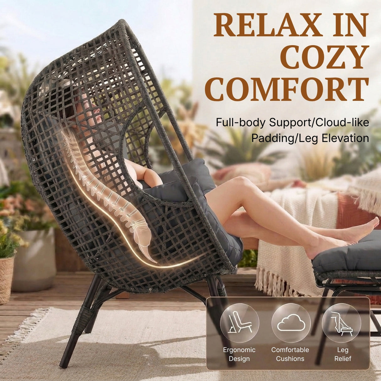 4-Piece Outdoor Wicker Egg Chair Set with Ottomans (Black & Dark Grey)