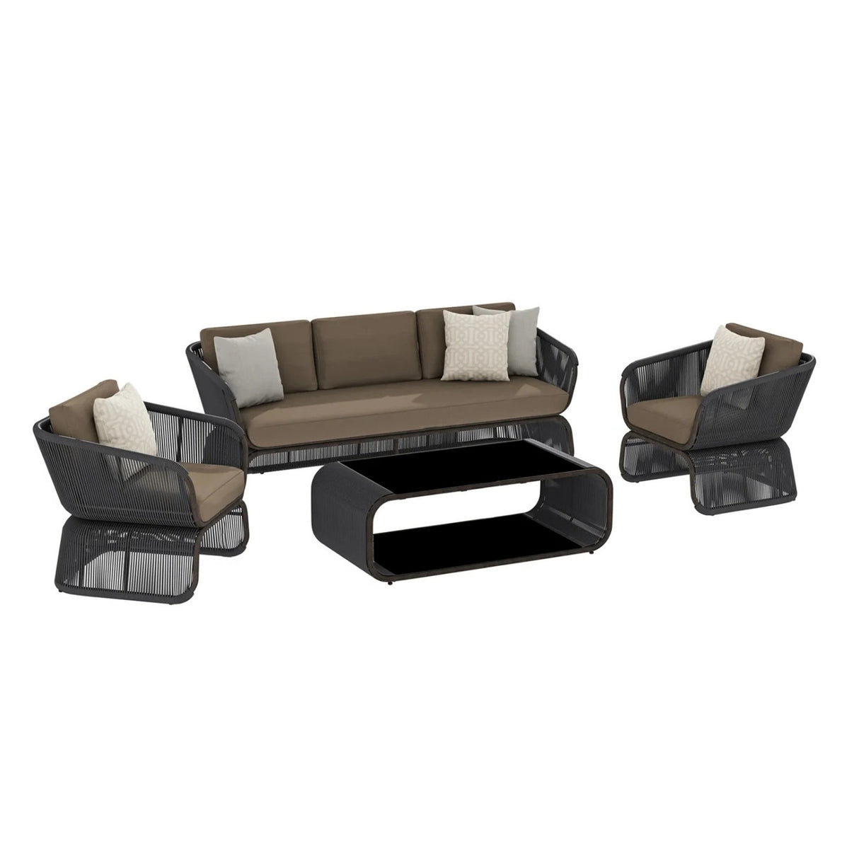Outdoor Braided Rope Sofa Set With 2-Tier Glass Top Table