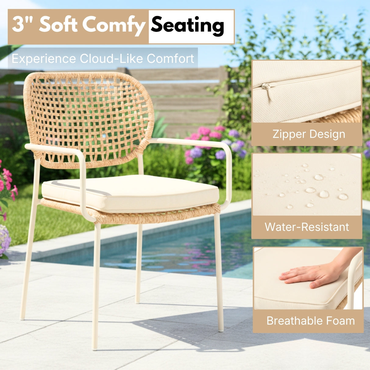 Outdoor Rope Dining Chair with Cushion (Beige & Cream)
