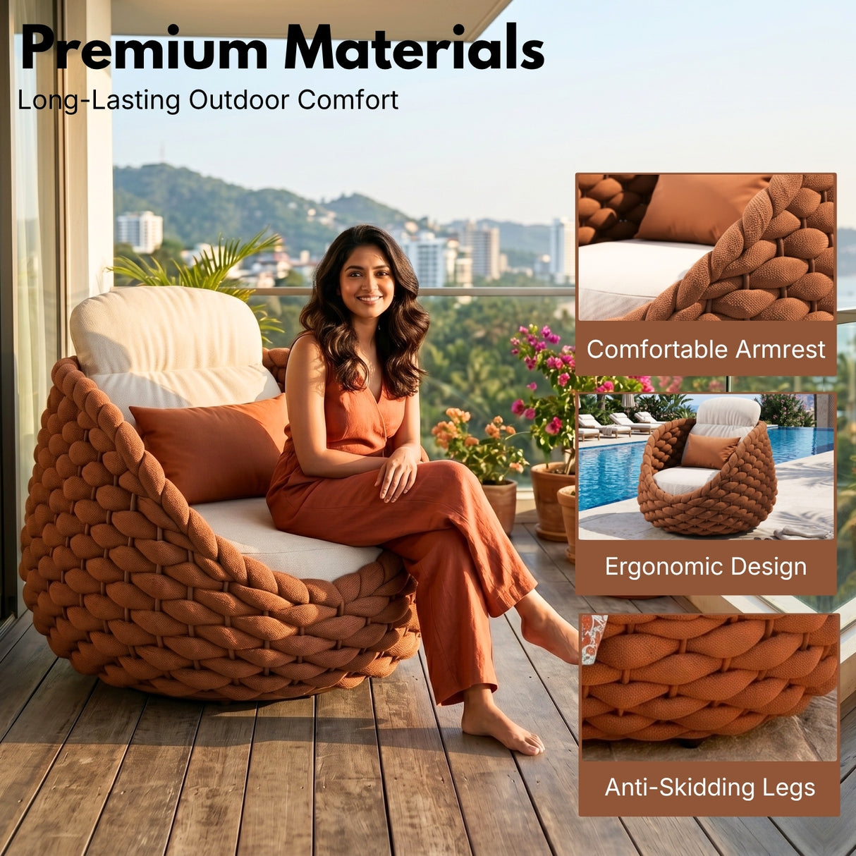 Outdoor Rope 5-Seater Sofa Set with Glass Top Center Table (Brown & Off-White)