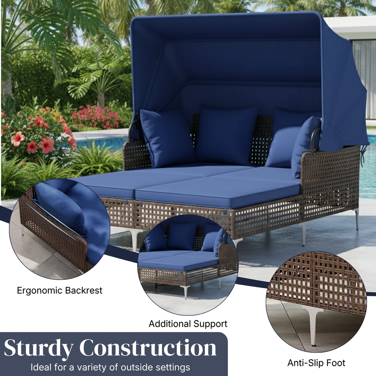 Luxury Outdoor Rattan Wicker Daybed with Canopy & Cushions