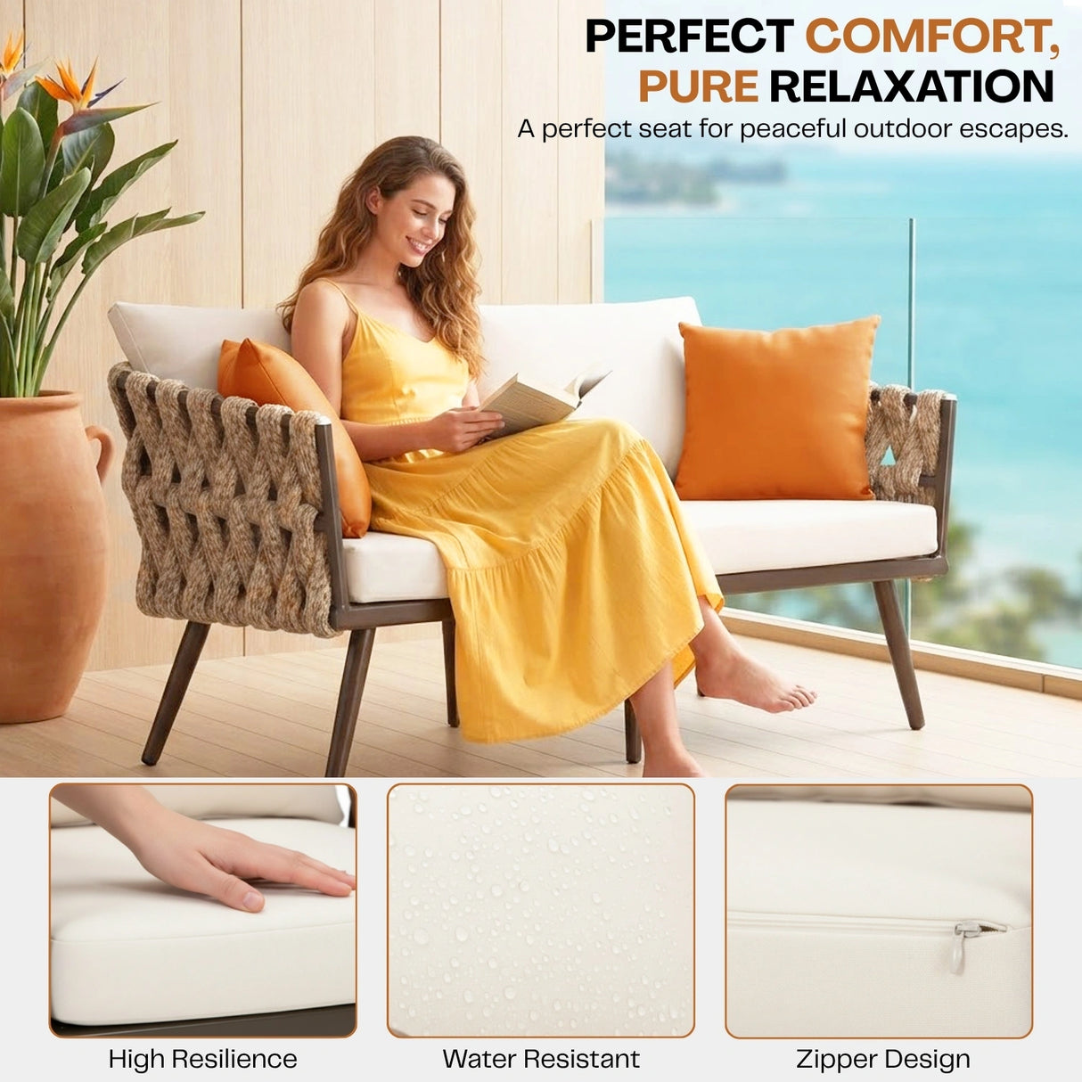 4-Piece Outdoor Rope Sofa Set With Glass Top Table (Beige & Off-White)