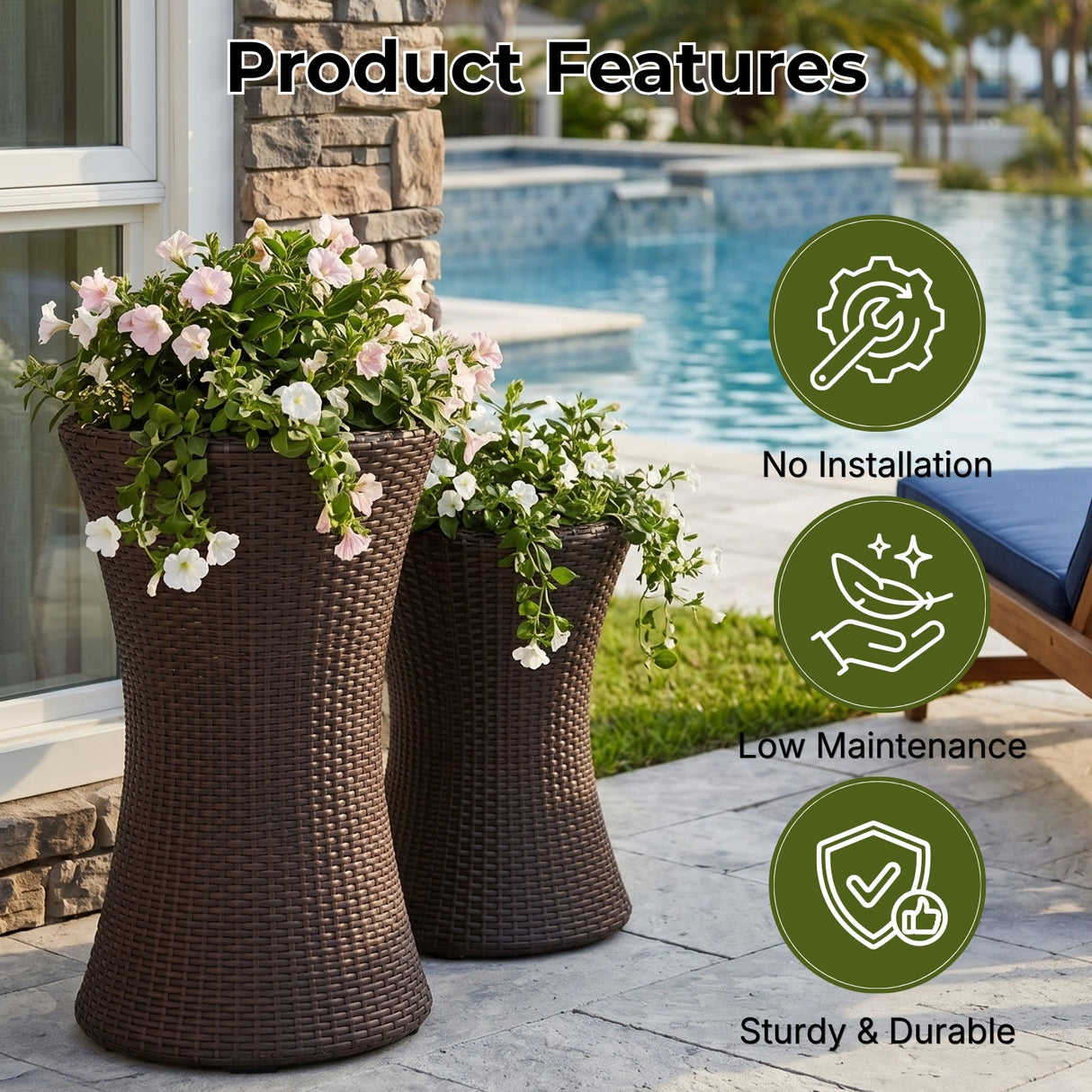Outdoor Hourglass Design Set of 3 Wicker Planters (Dark Brown)