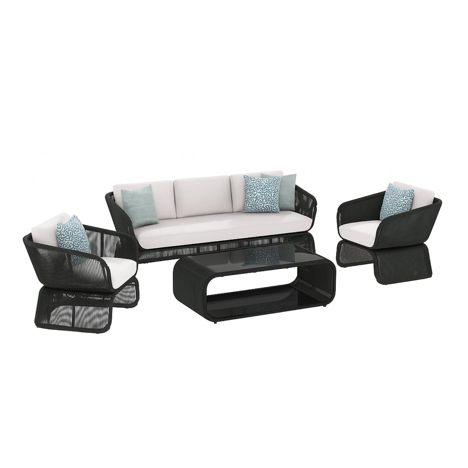 Outdoor Braided Rope Sofa Set With 2-Tier Glass Top Table