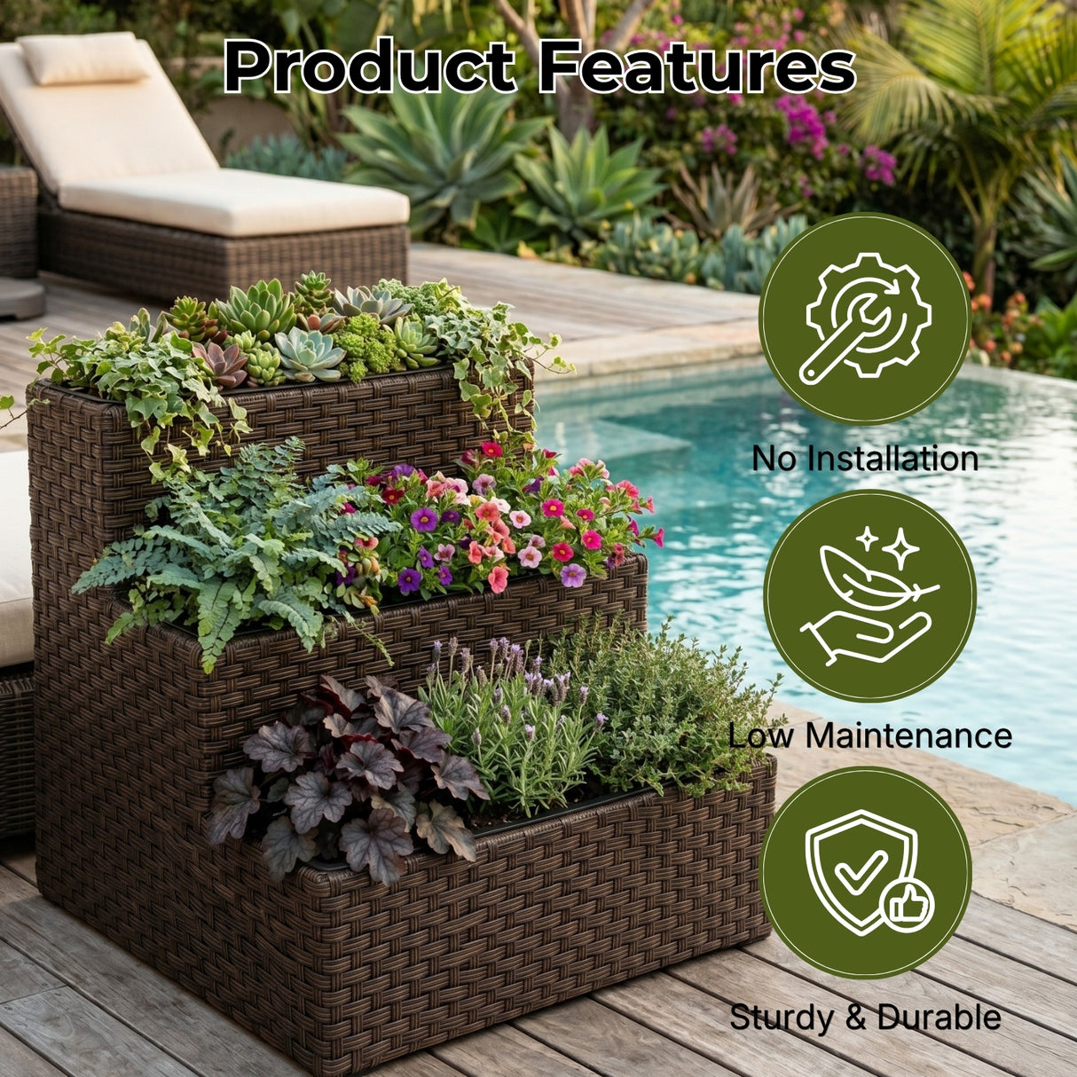 Outdoor 3-Tier Wicker Raised Planter Stand (Dark Brown)
