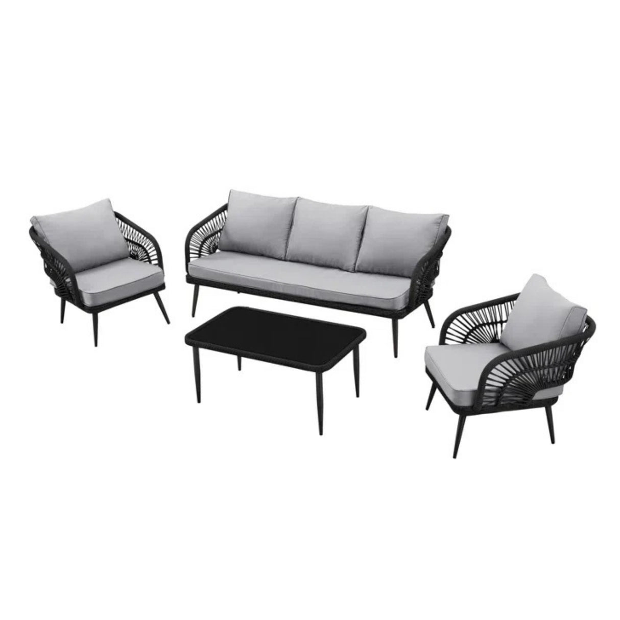 Outdoor Rope Conversation Patio Sofa Set (Black /Light Grey)