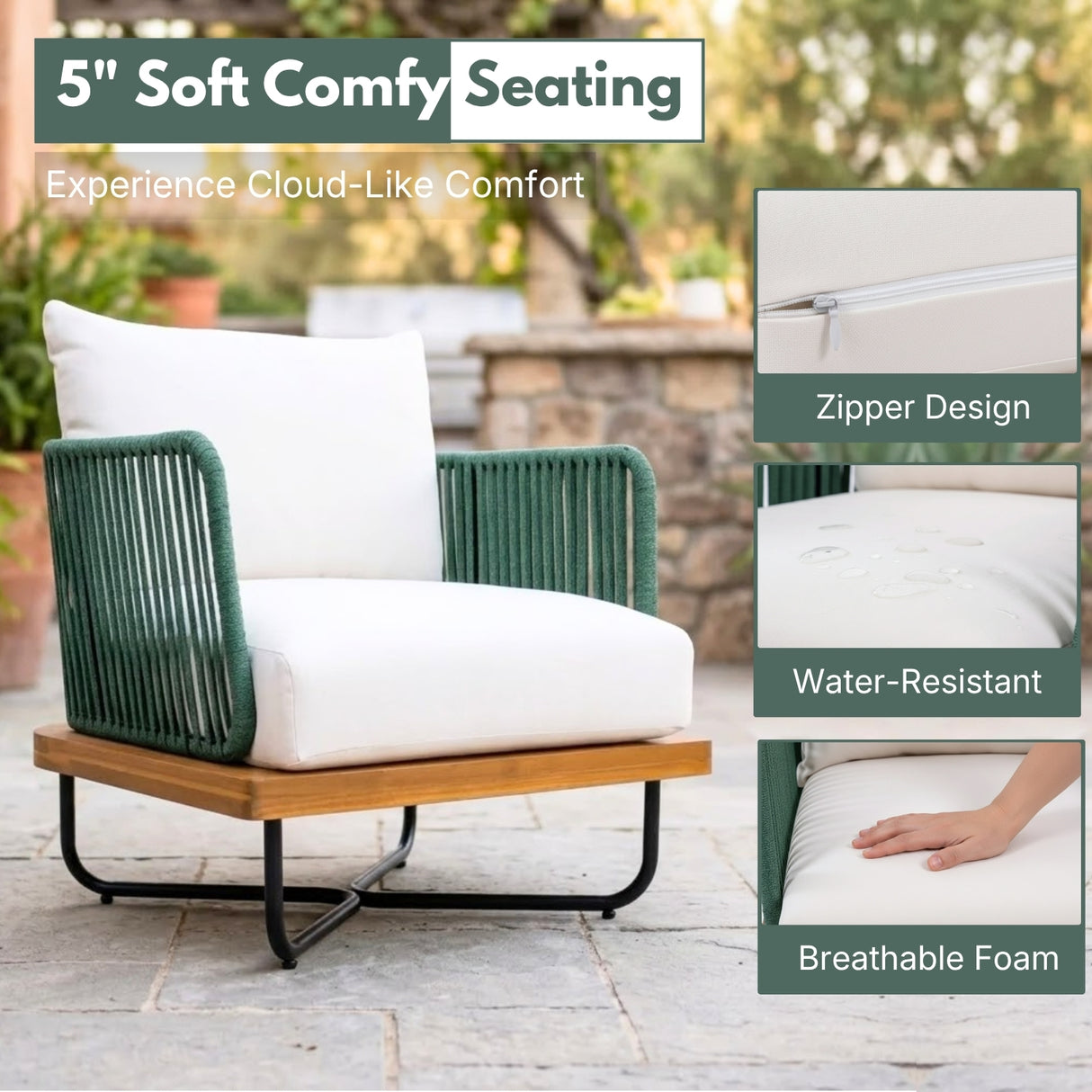 Outdoor Rope Sofa with Wooden Base (Green & White)