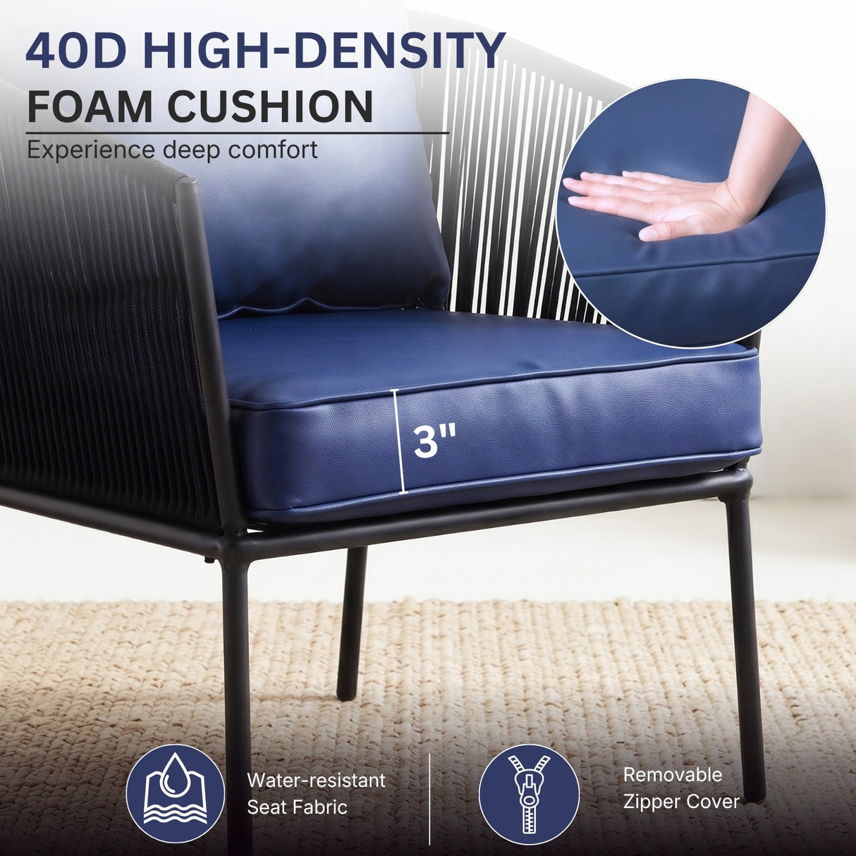 Outdoor 5 Piece Rope Patio Sofa Set (Black & Navy-Blue)