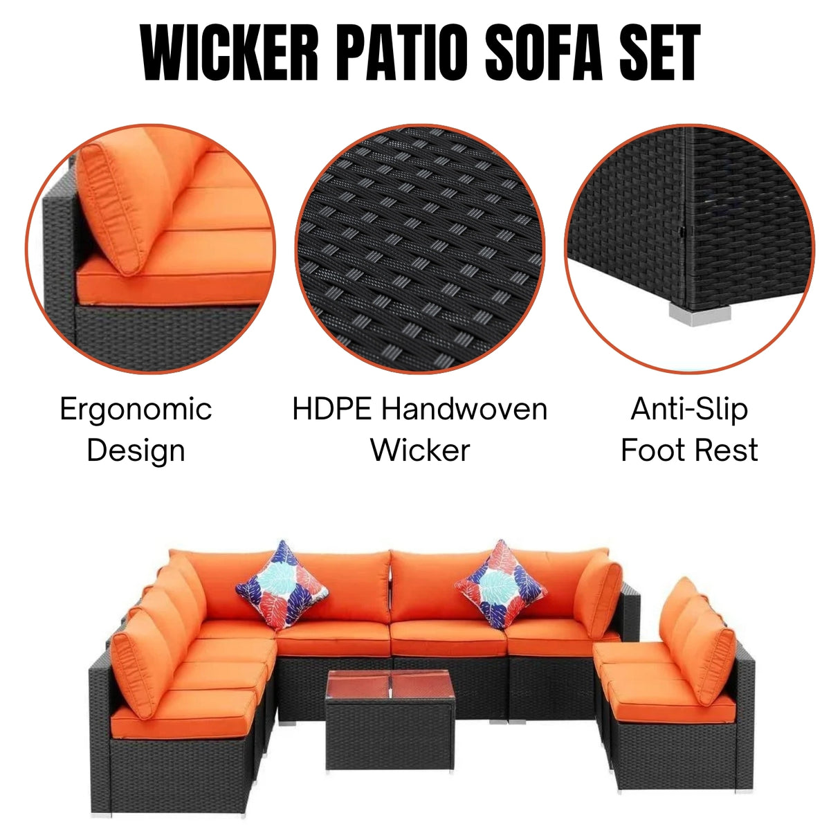 Outdoor Garden Conversation Sofa Set (Black/Orange)