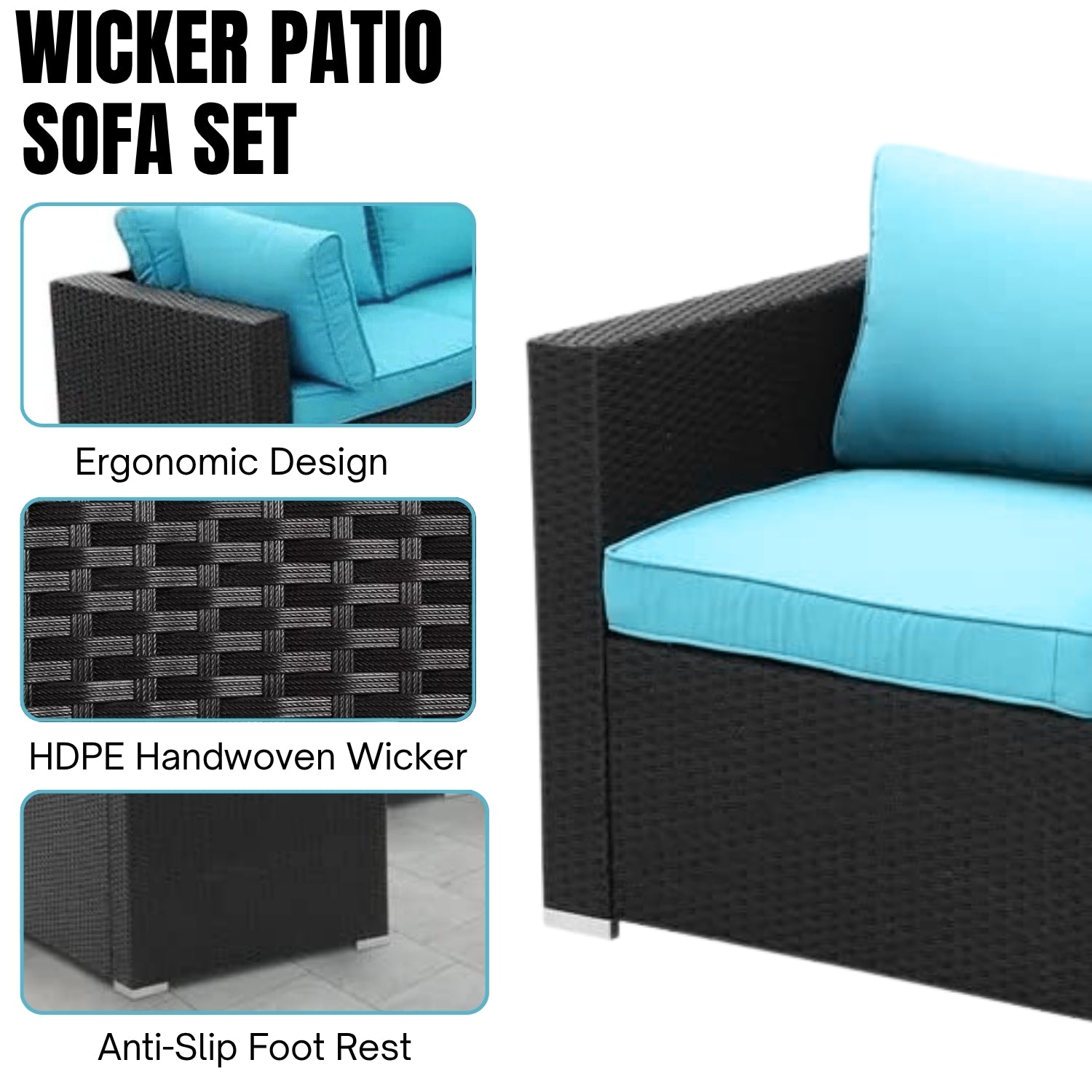 Outdoor Garden Conversation Sofa Set (Black/Sky-Blue)