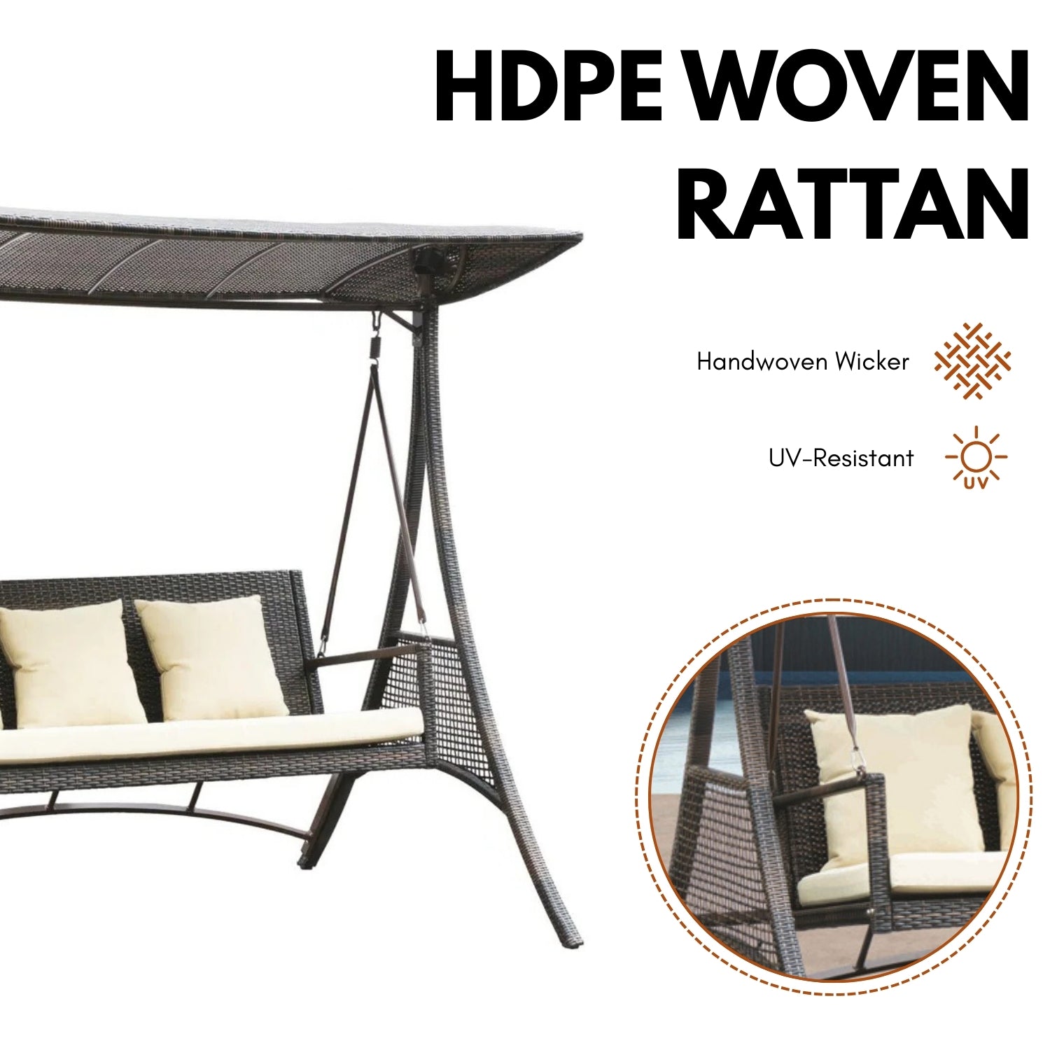 Outdoor Rattan Wicker 3-Seat Patio Swing Chair with Shade & Cushions