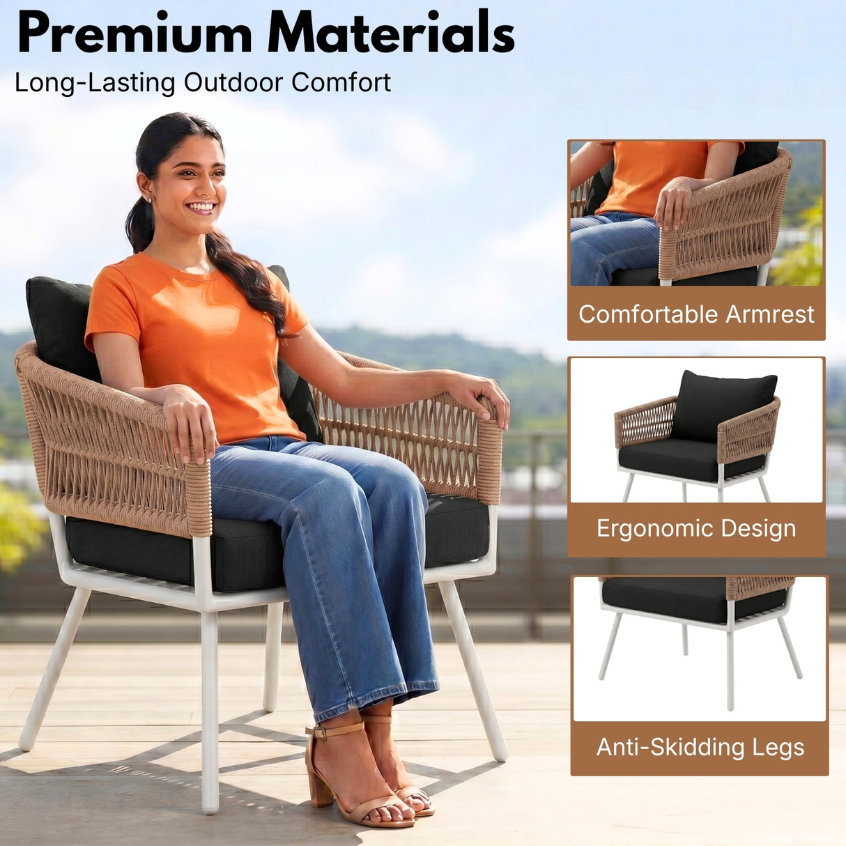 Outdoor Rope Sofa Set with Wooden Top Center Table (Beige & Black)