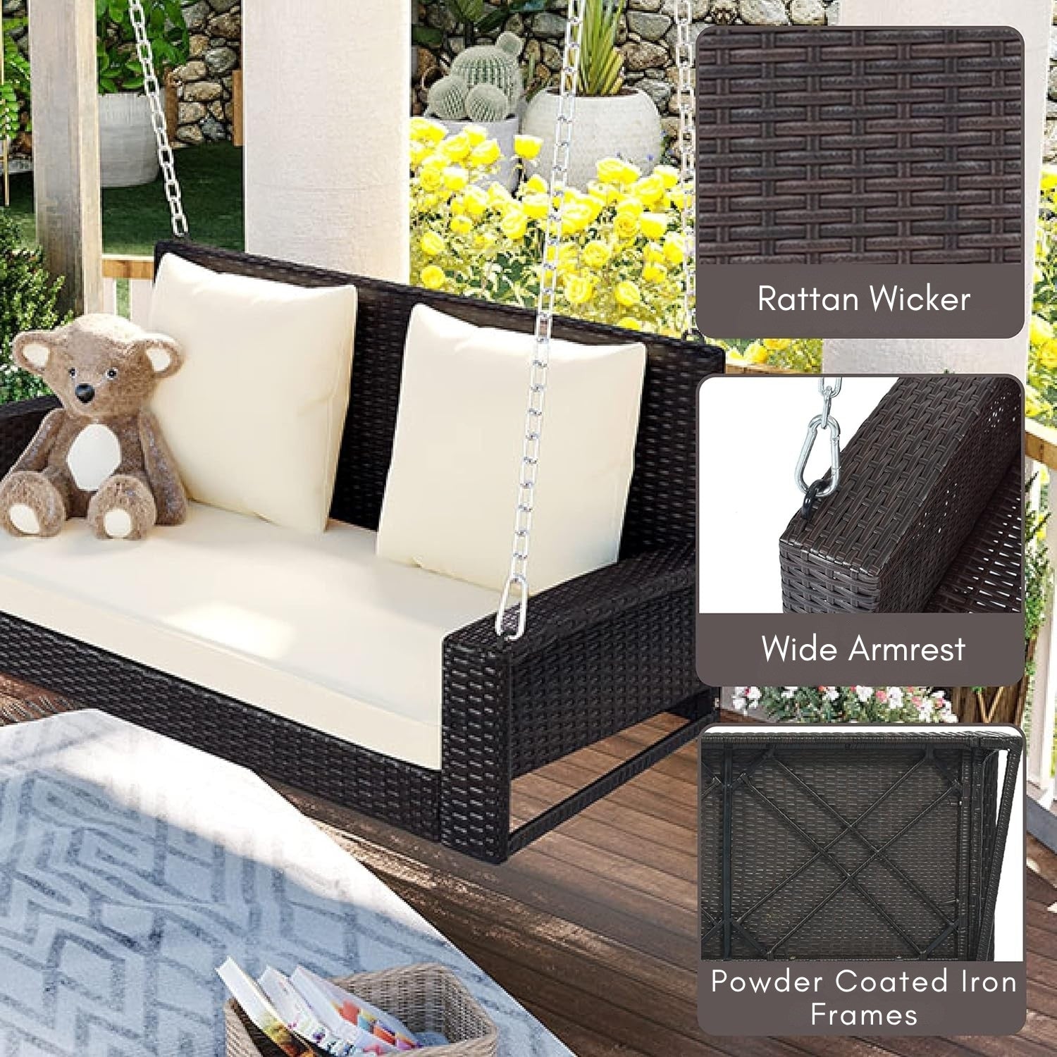 Dark Brown Rattan Wicker Two Seater Sofa Swing
