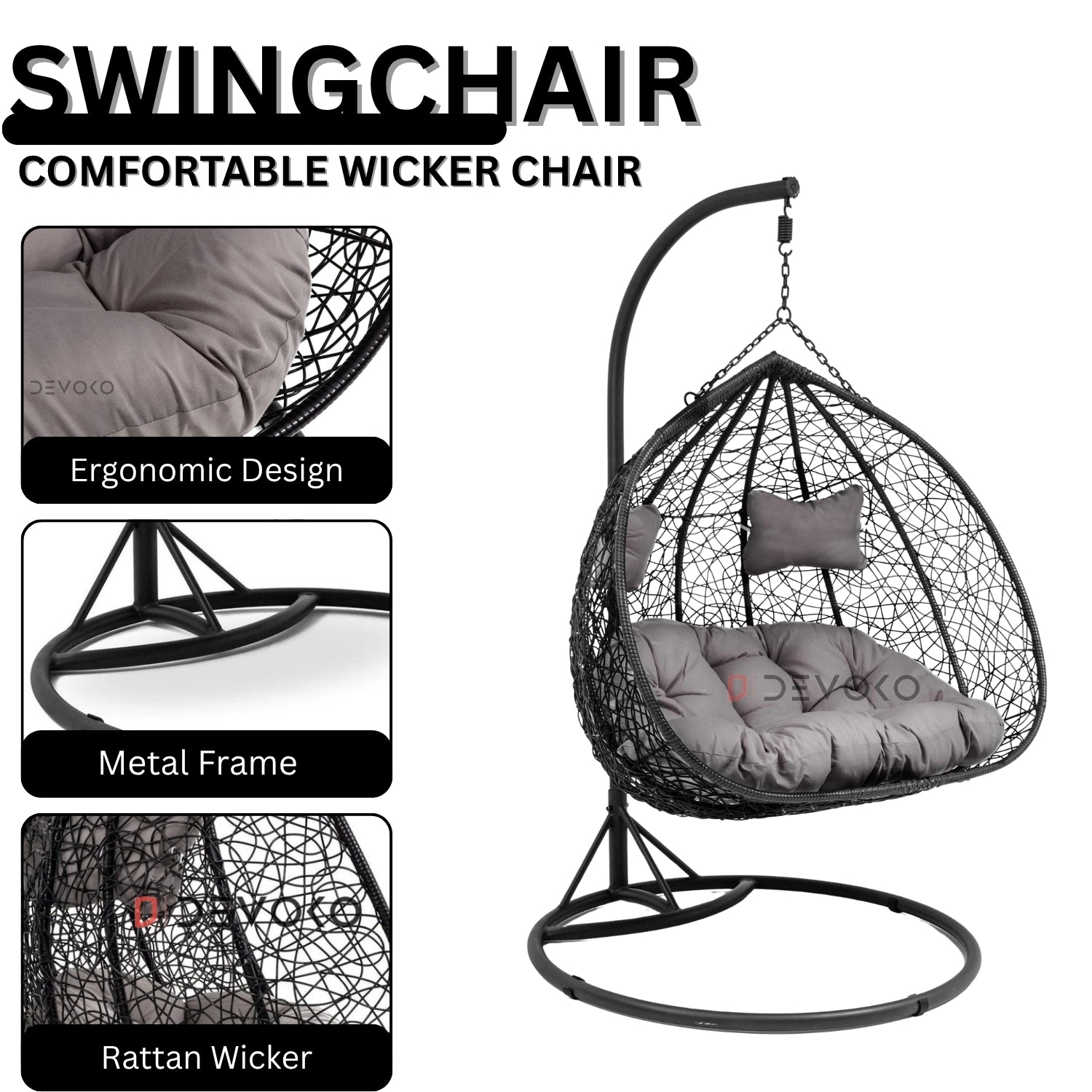 Double Seater Rattan & Wicker Swing (Black & Grey)
