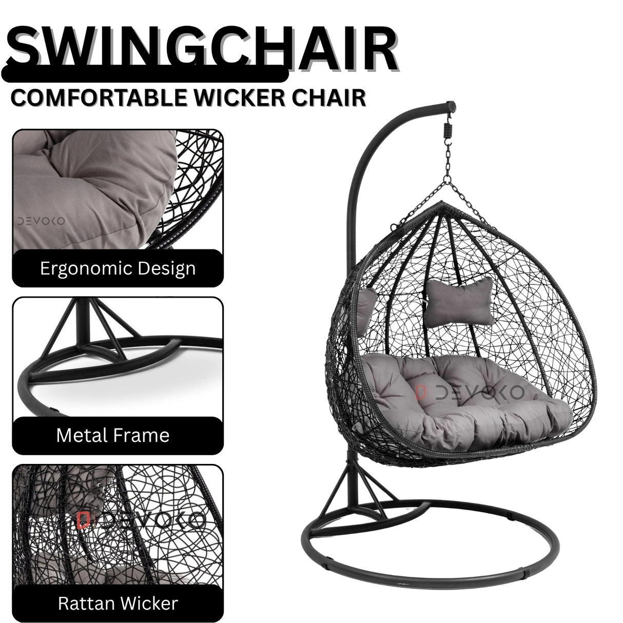 Double Seater Rattan & Wicker Swing (Black & Grey)