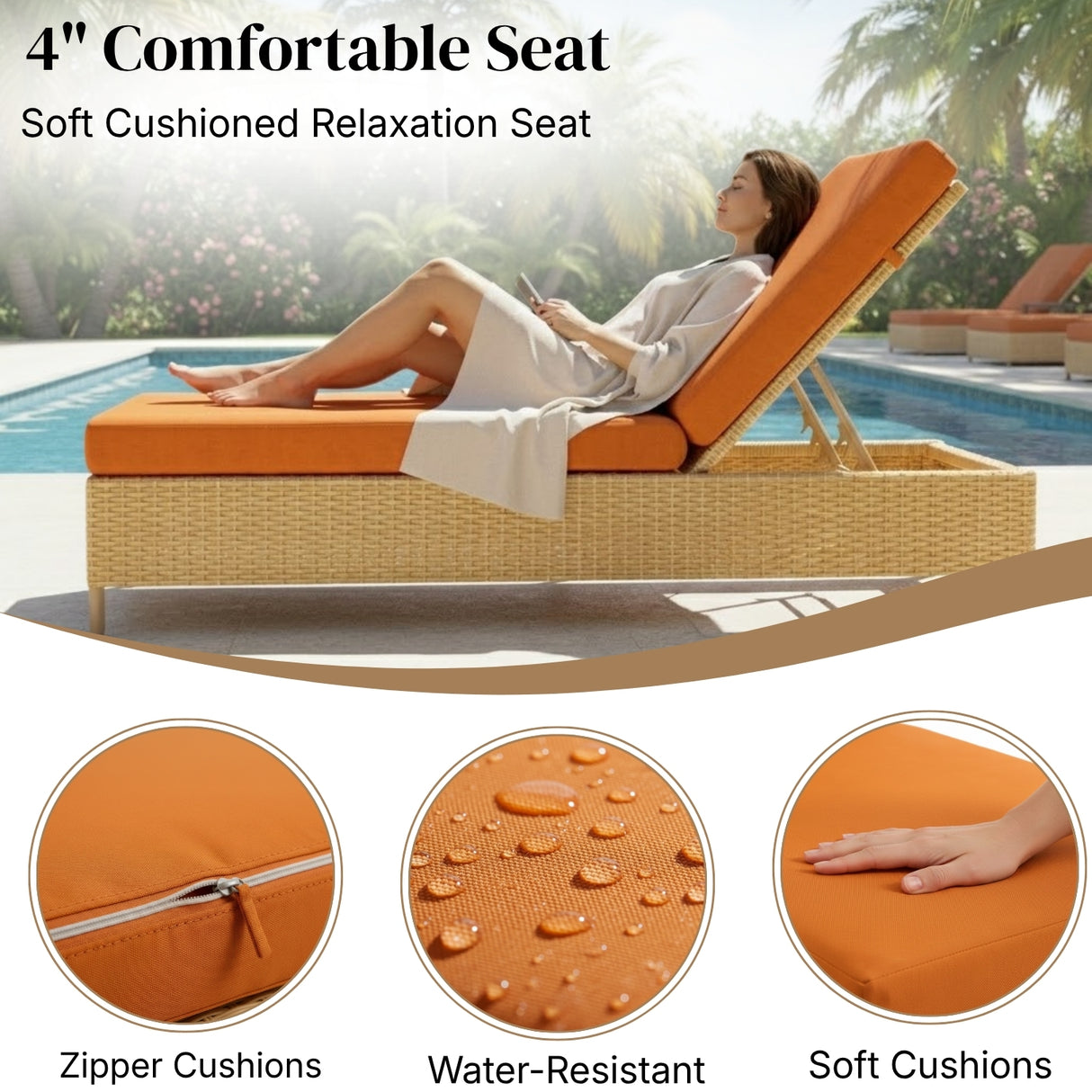 Outdoor Wicker Rattan Lounger Set of 2 with Patio Umbrella (Beige & Orange)