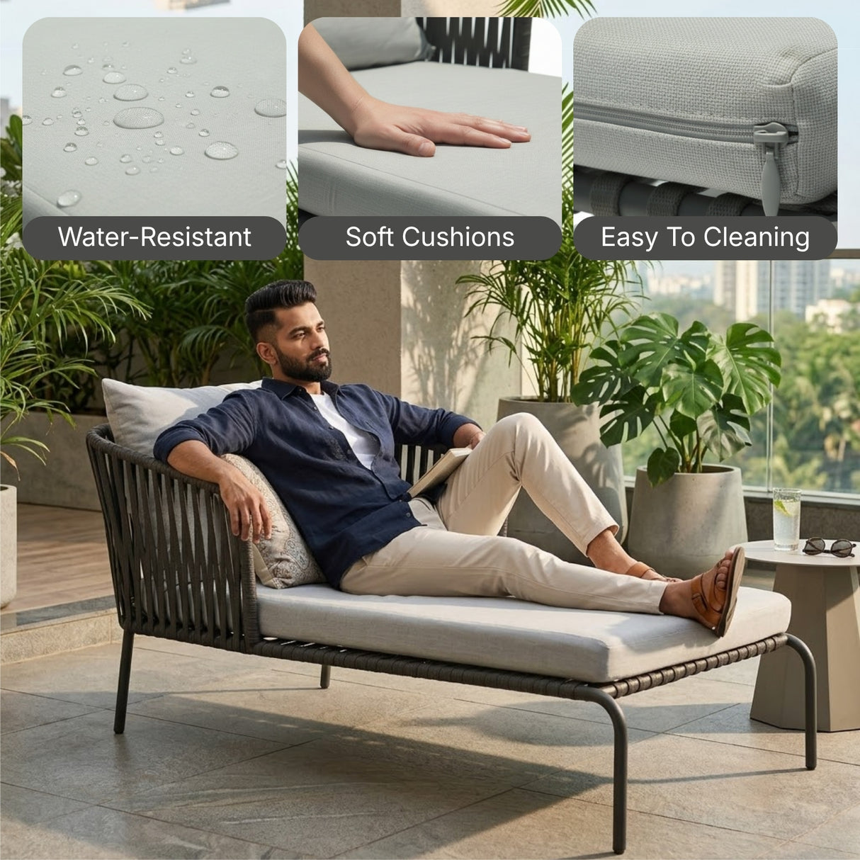 Outdoor All-Weather Resistant Rope Lounger Set (Grey)