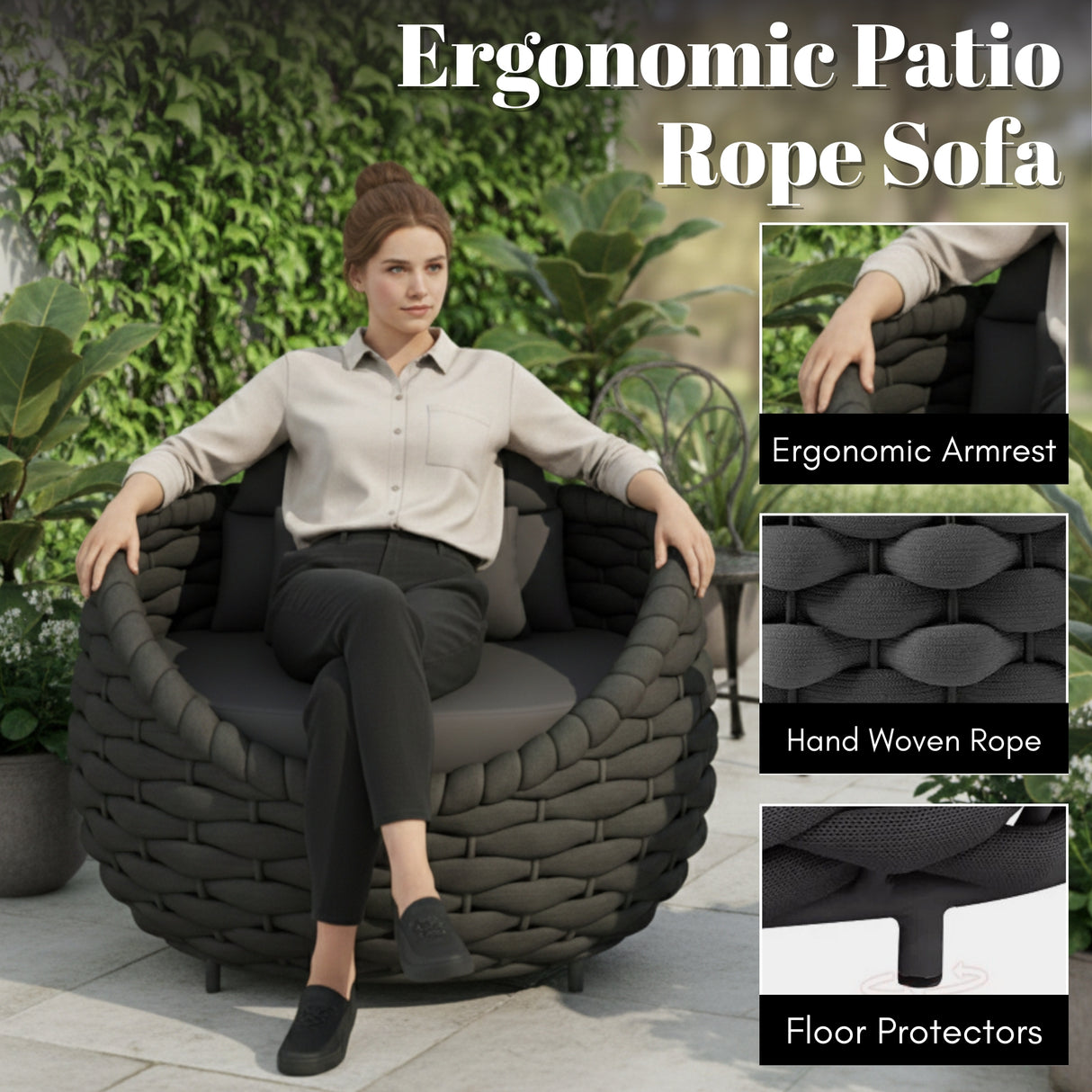 4 Piece Outdoor Rope Sofa Set (Black)